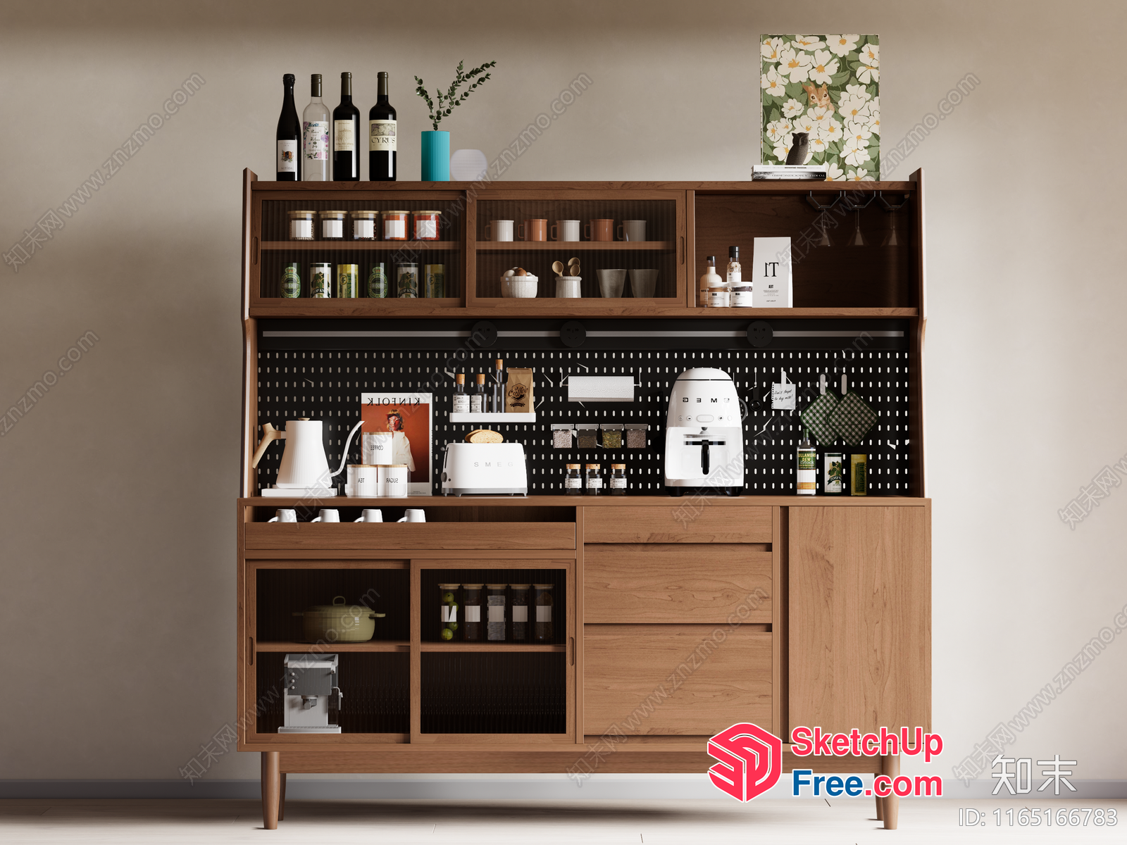Wooden Cabinet With Various Storage Compartments And Decorative Elements 3D SketchUp File