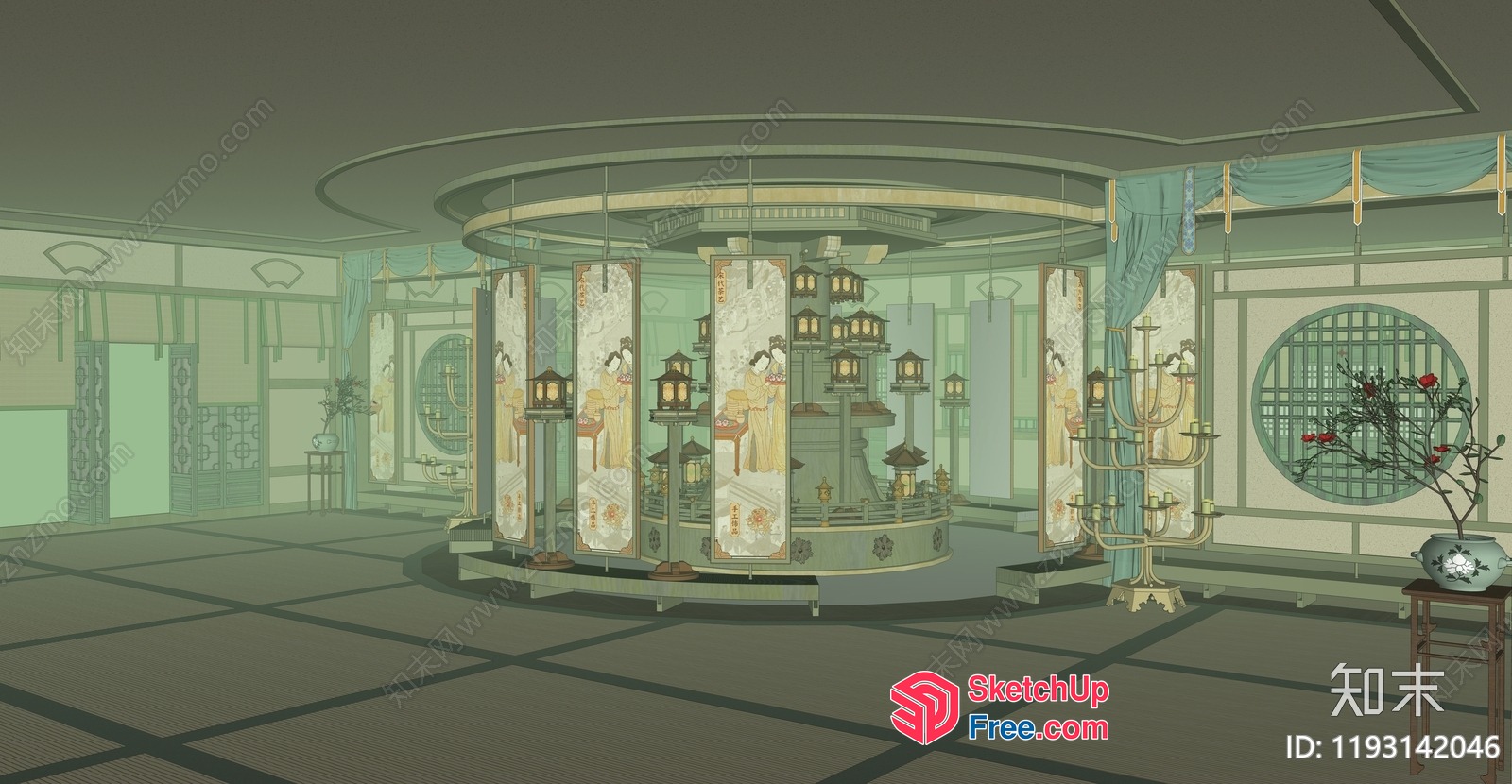 Elegant Japanese-Style Interior Room With Circular Display 3D SketchUp File