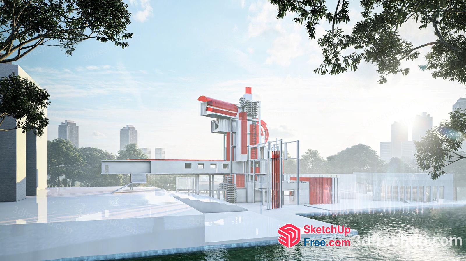 Modern Industrial Style Building With Red And White Accents 3D SketchUp File