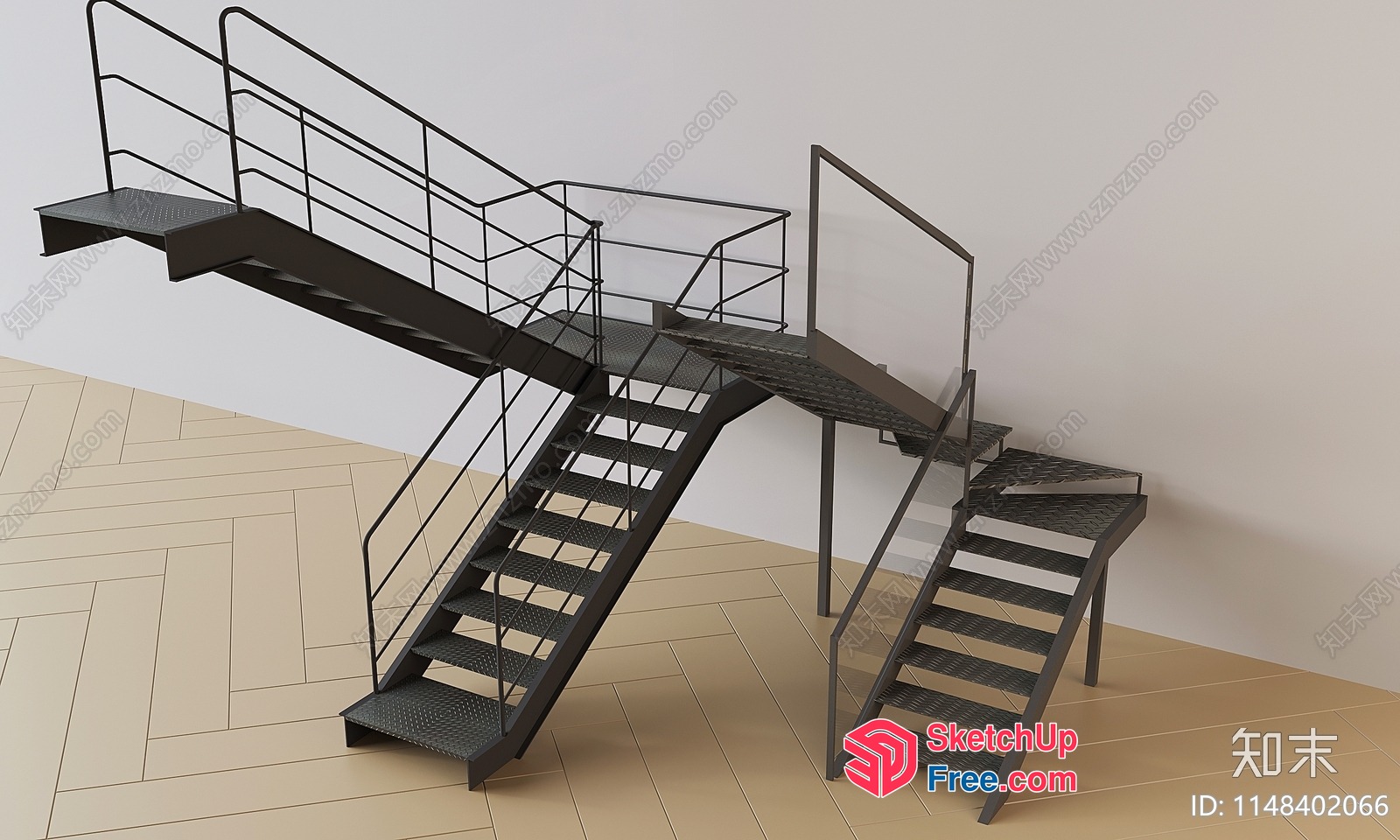 Industrial Style Black Metal Staircase With Railings 3D SketchUp File