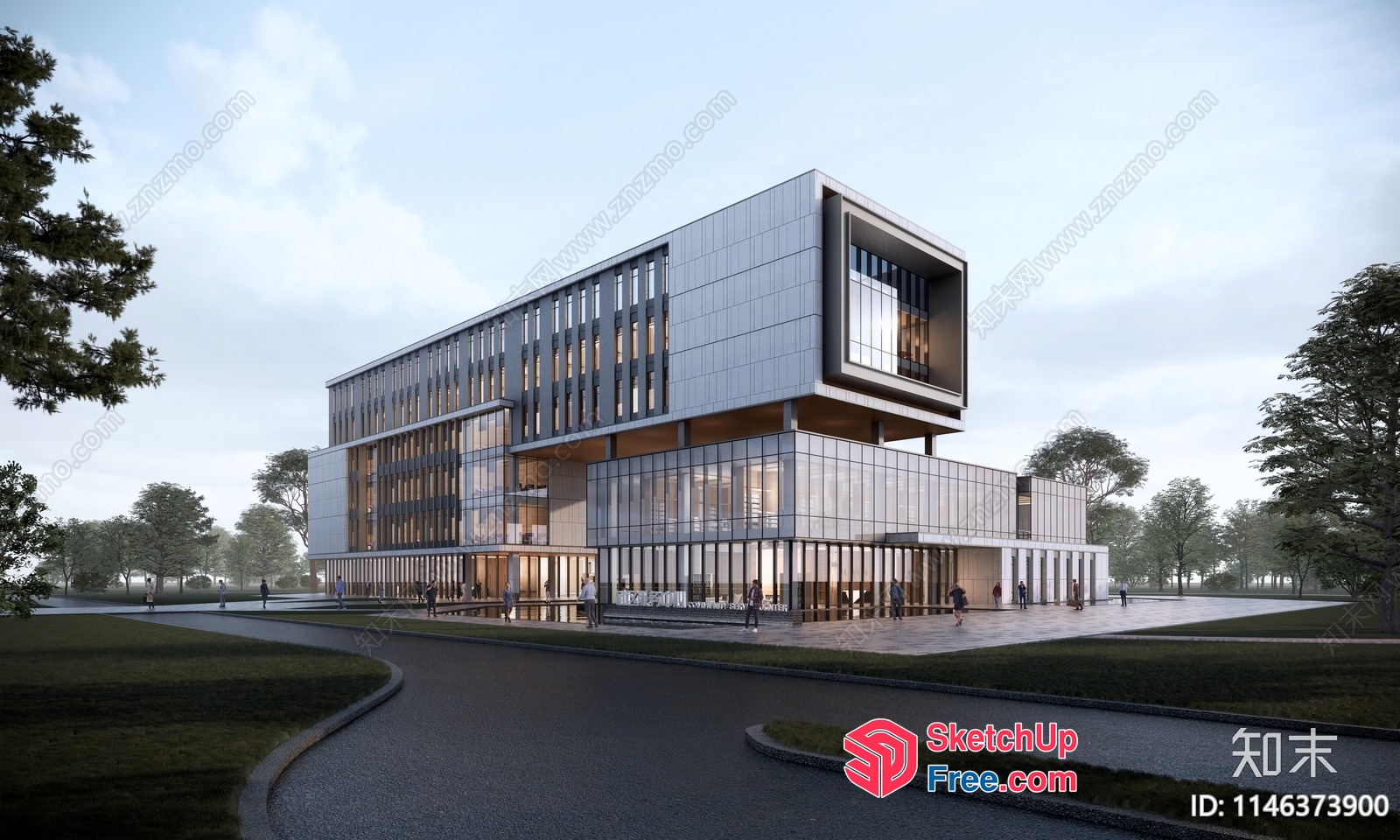 Modern Glass And Wood Office Building Exterior 3D SketchUp File