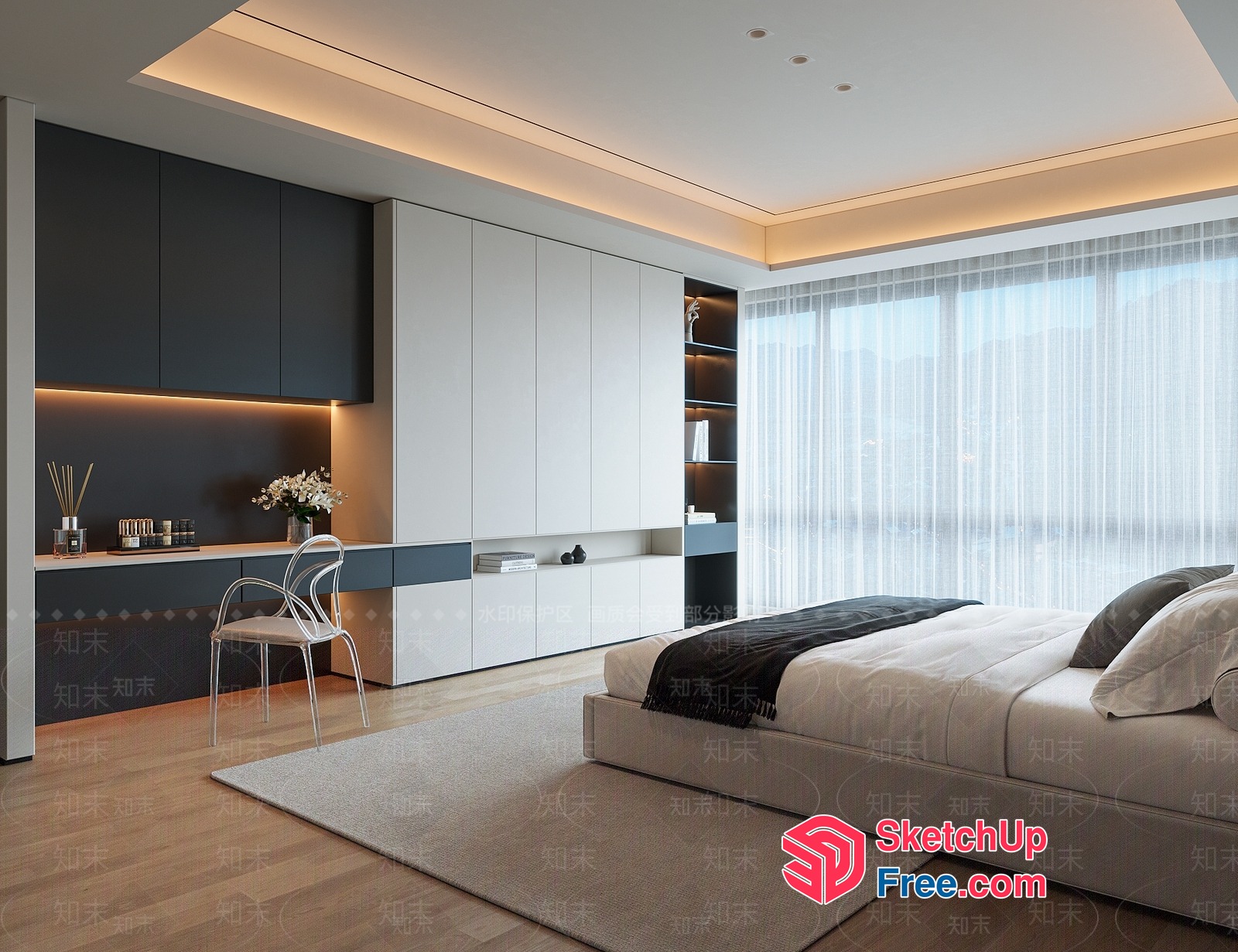 Modern Minimalist Bedroom With Sleek White Furniture And Wooden Floor 3D SketchUp File
