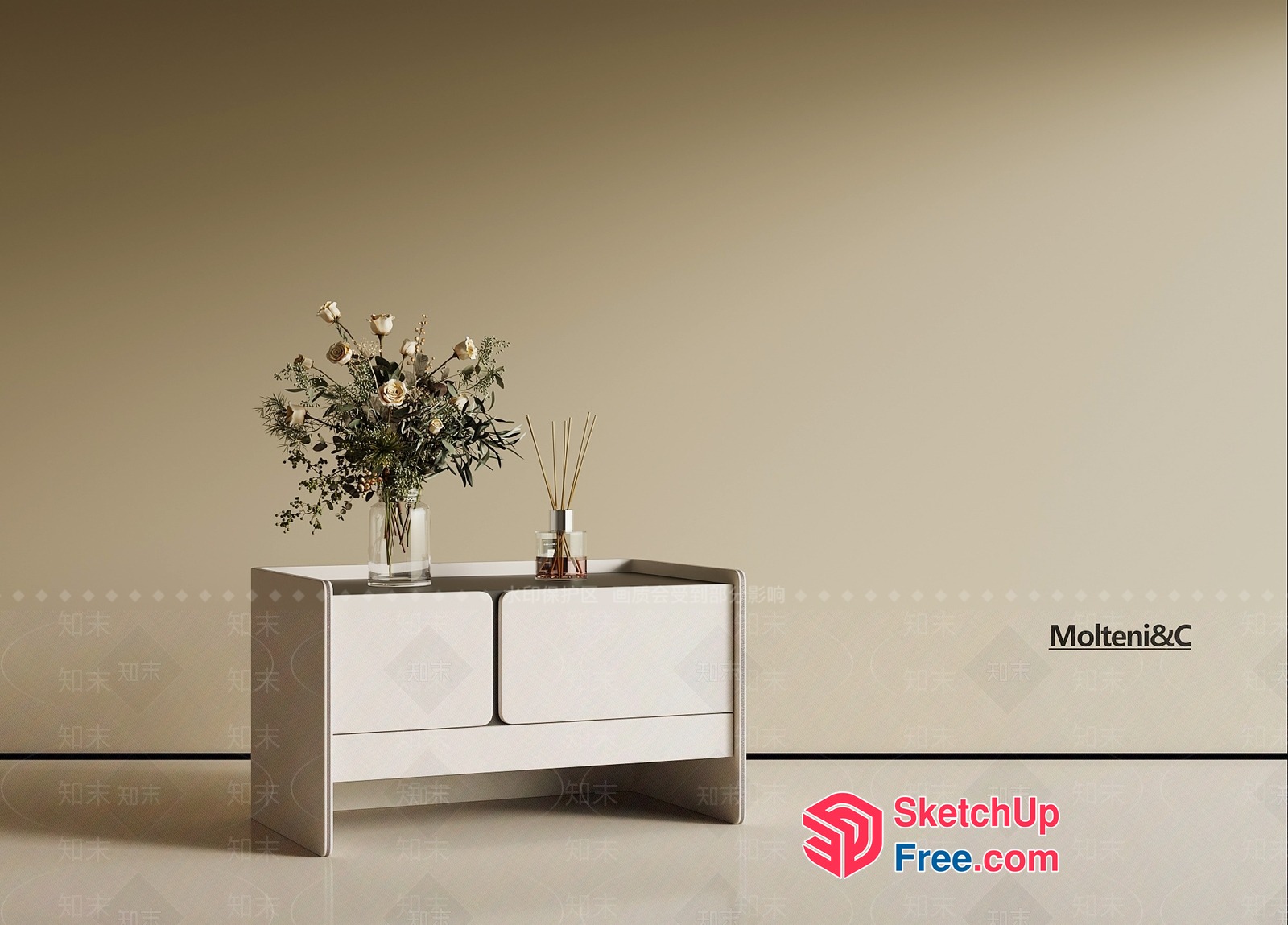 Elegant White Furniture With Glass Vase And Flowers 3D SketchUp File