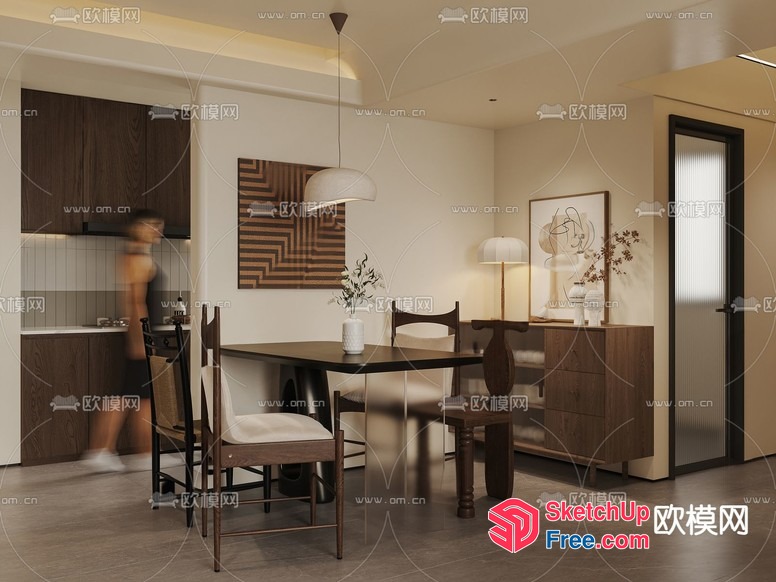 Modern Dining Room With Dark Wood Accents And White Furniture 3D SketchUp File