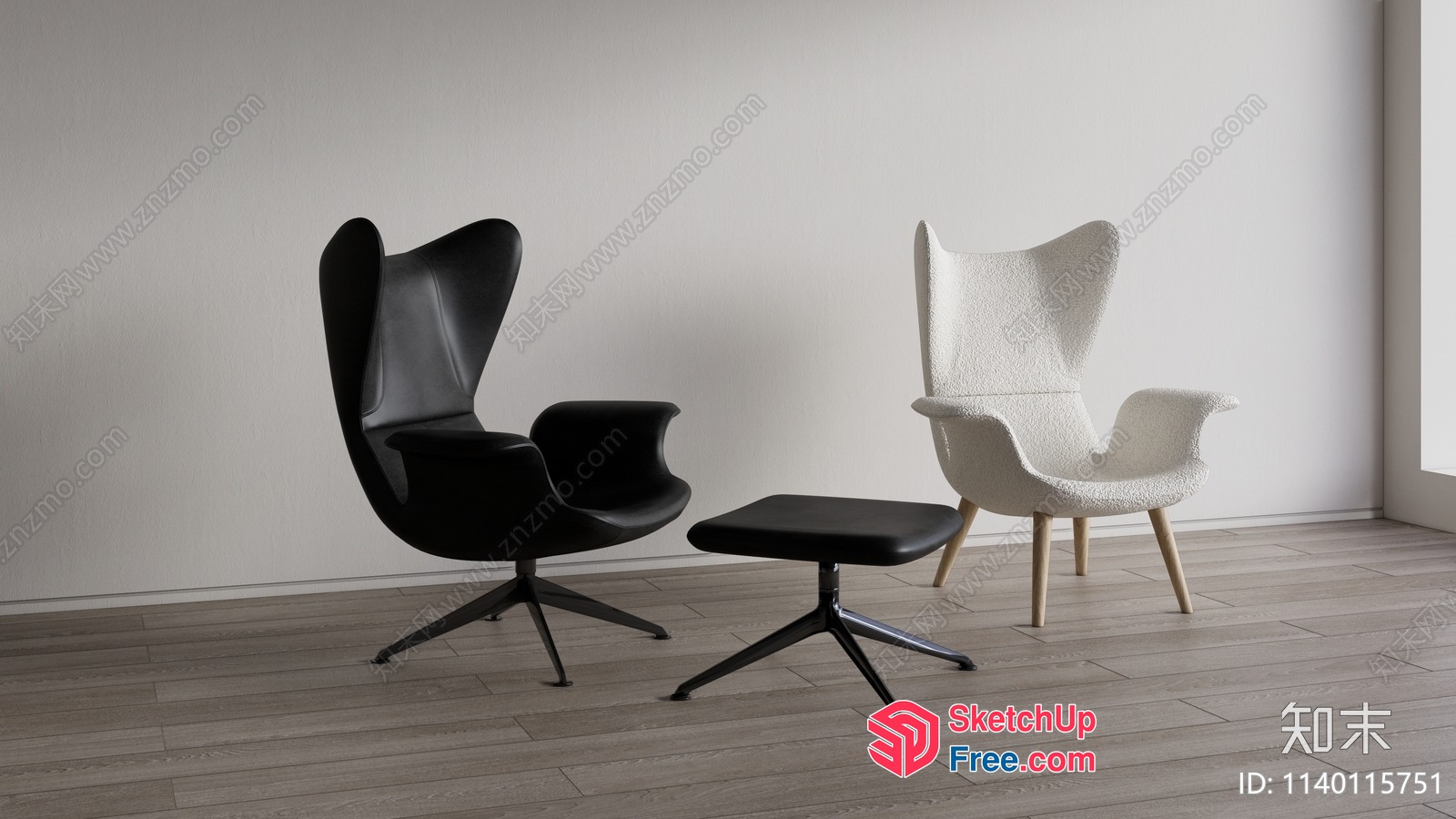 Modern Lounge Chairs And Footstool In Neutral Color Palette 3D SketchUp File