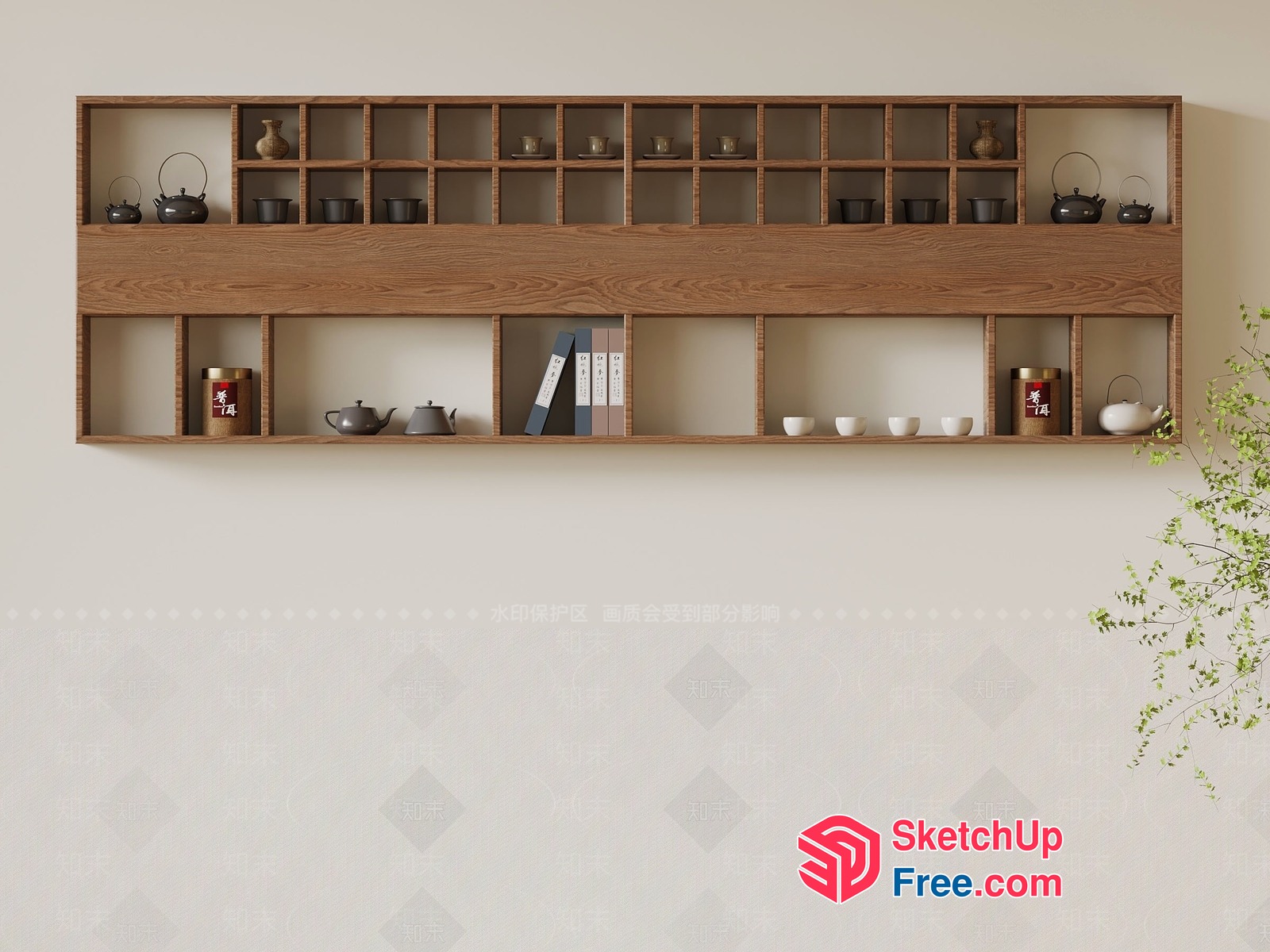 Wooden Shelf With Tea Set And Book Collection 3D SketchUp File