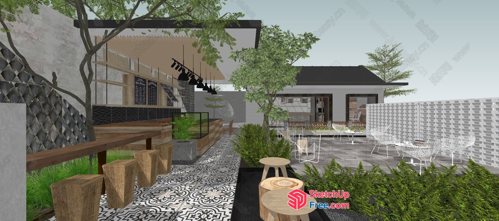 Modern Outdoor Seating Area With Natural Elements 3D SketchUp File