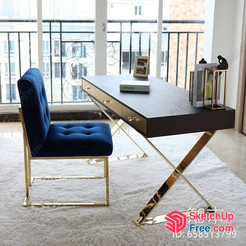 Modern Office Desk With Blue Chair And Balcony View 3D SketchUp File