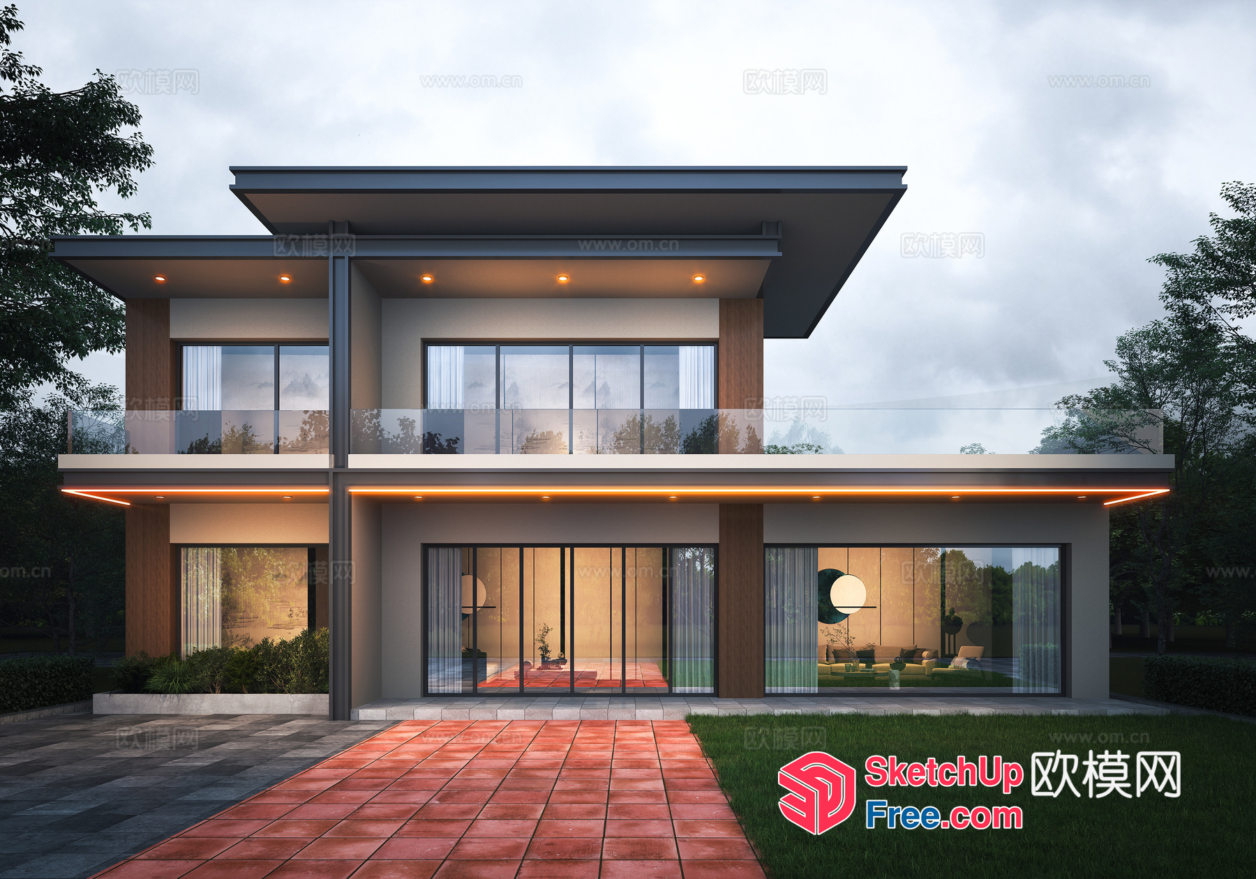 Modern Two-Story Home With Glass Walls And Balcony 3D SketchUp File