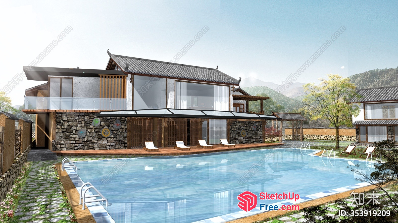 Exquisite Japanese-Style Villa With Stunning Swimming Pool 3D SketchUp File