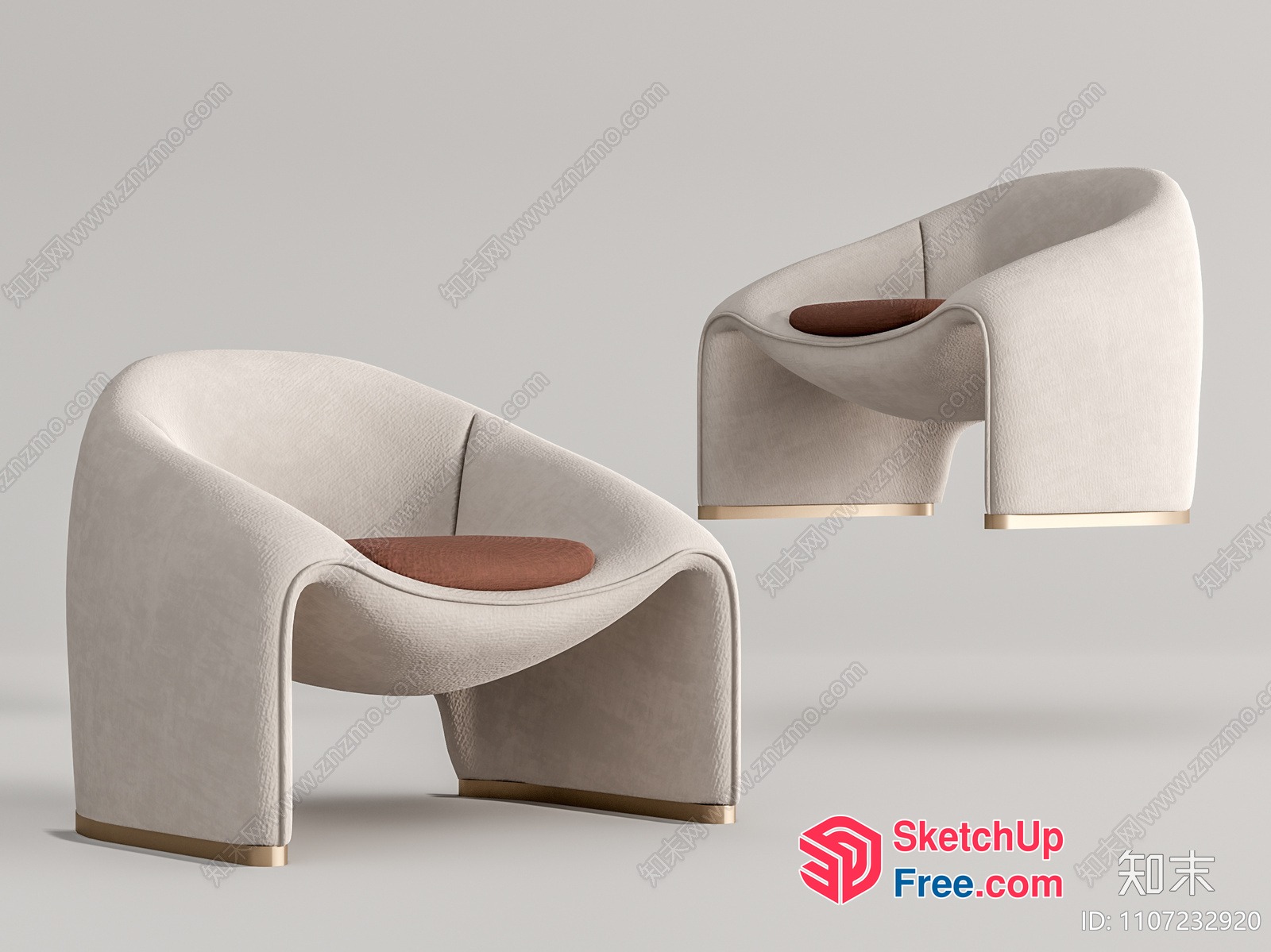 Modern Creamy Style Armchair With Brown Cushion 3D SketchUp File