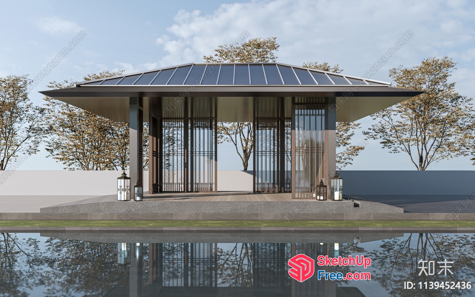 Exterior Pavilion With Glass Curtain Wall And Lanterns 3D SketchUp File