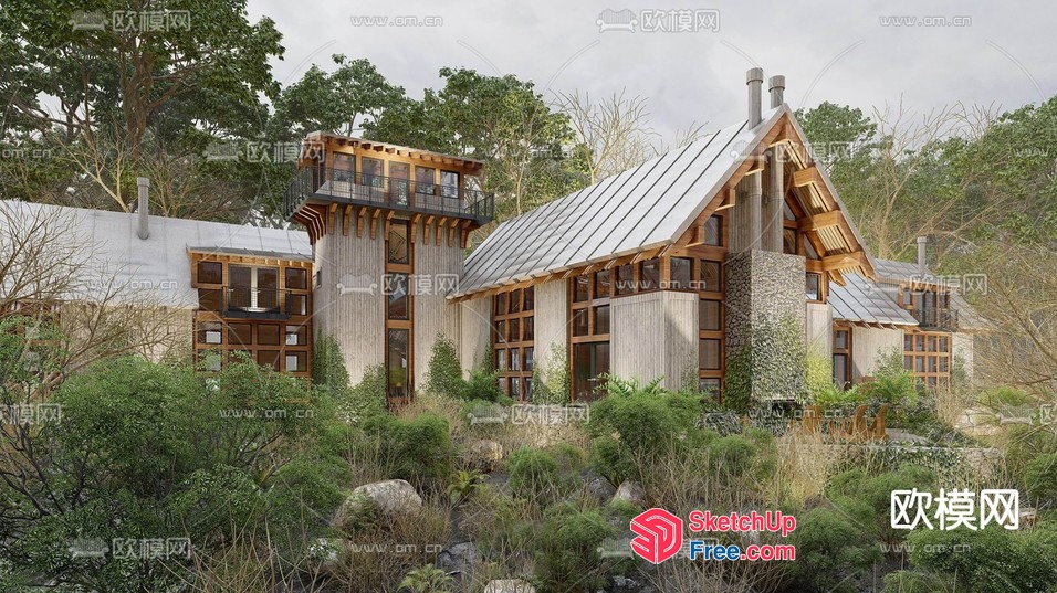 Modern Villa With Natural Wood Accents And Large Windows 3D SketchUp File