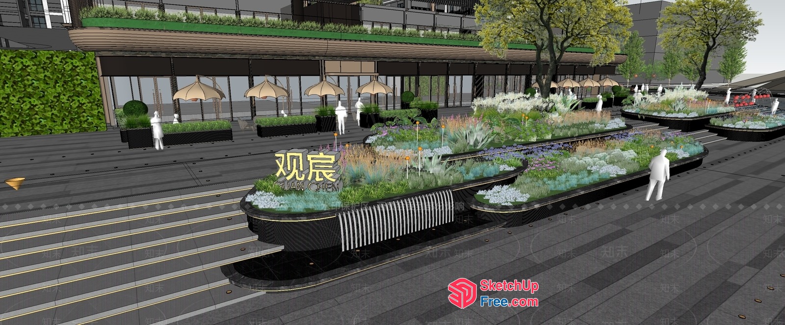 Modern Commercial Street With Elegant Planters And People Walking 3D SketchUp File