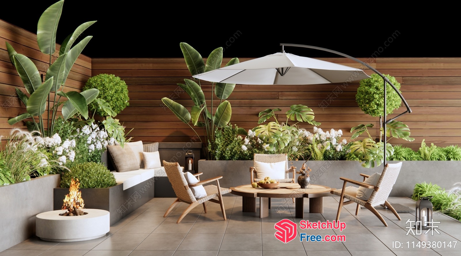 Elegant Outdoor Seating Area With Fire Pit And Plants 3D SketchUp File
