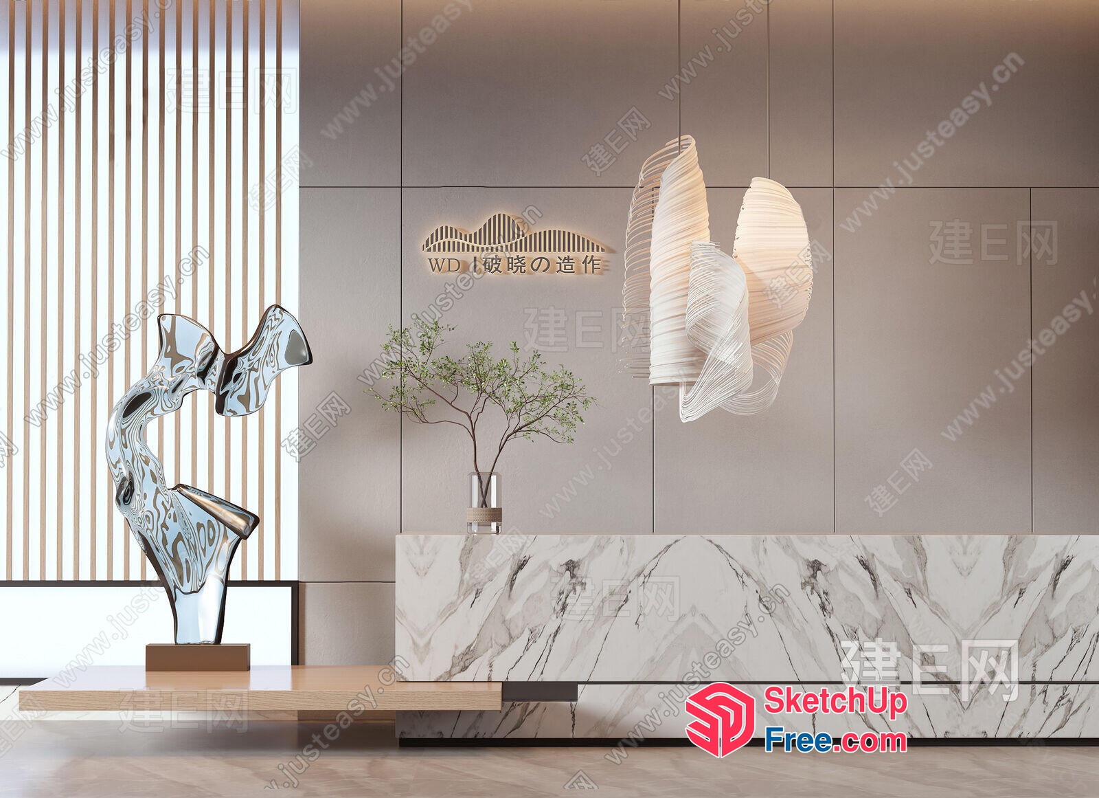 Modern Minimalist Living Room With Marble And Wood Accents 3D SketchUp File