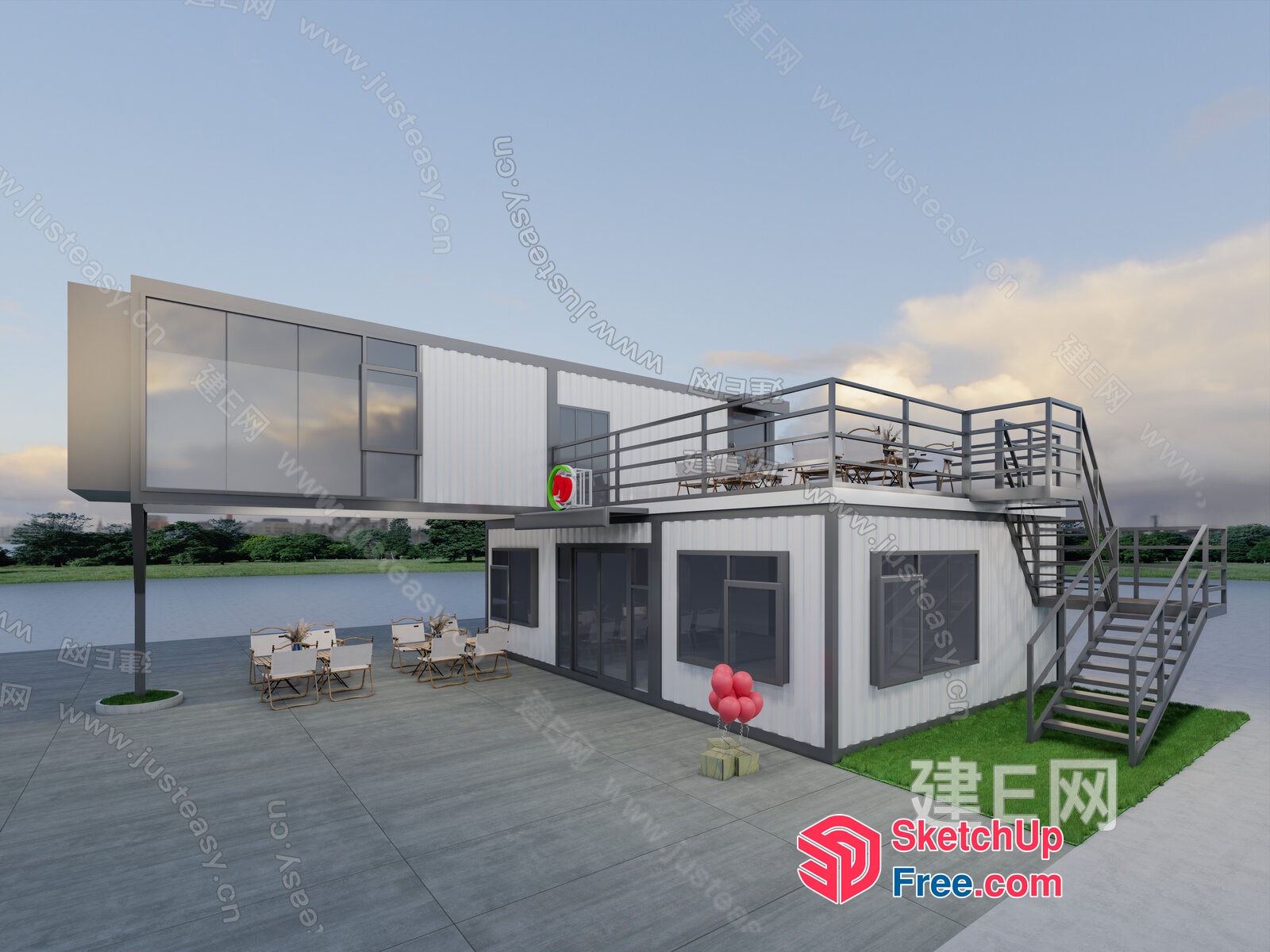 Modern Exterior Design With Stairs And Railing 3D SketchUp File