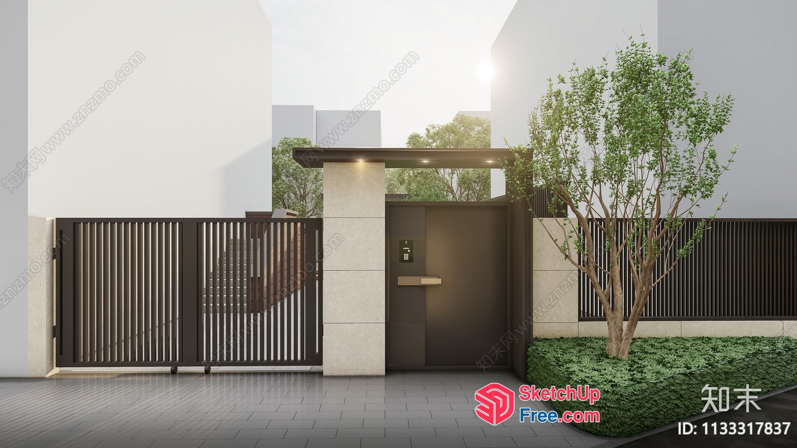 Modern Gate And Pillar With Tree 3D SketchUp File