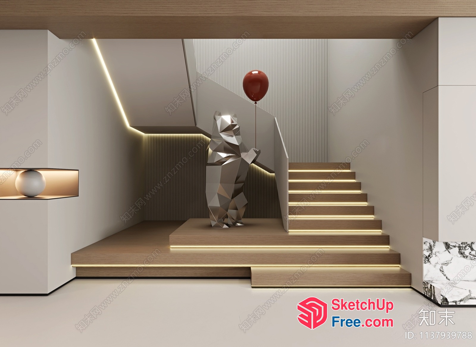 Geometric Staircase With Silver Bear And Red Balloon 3D SketchUp File