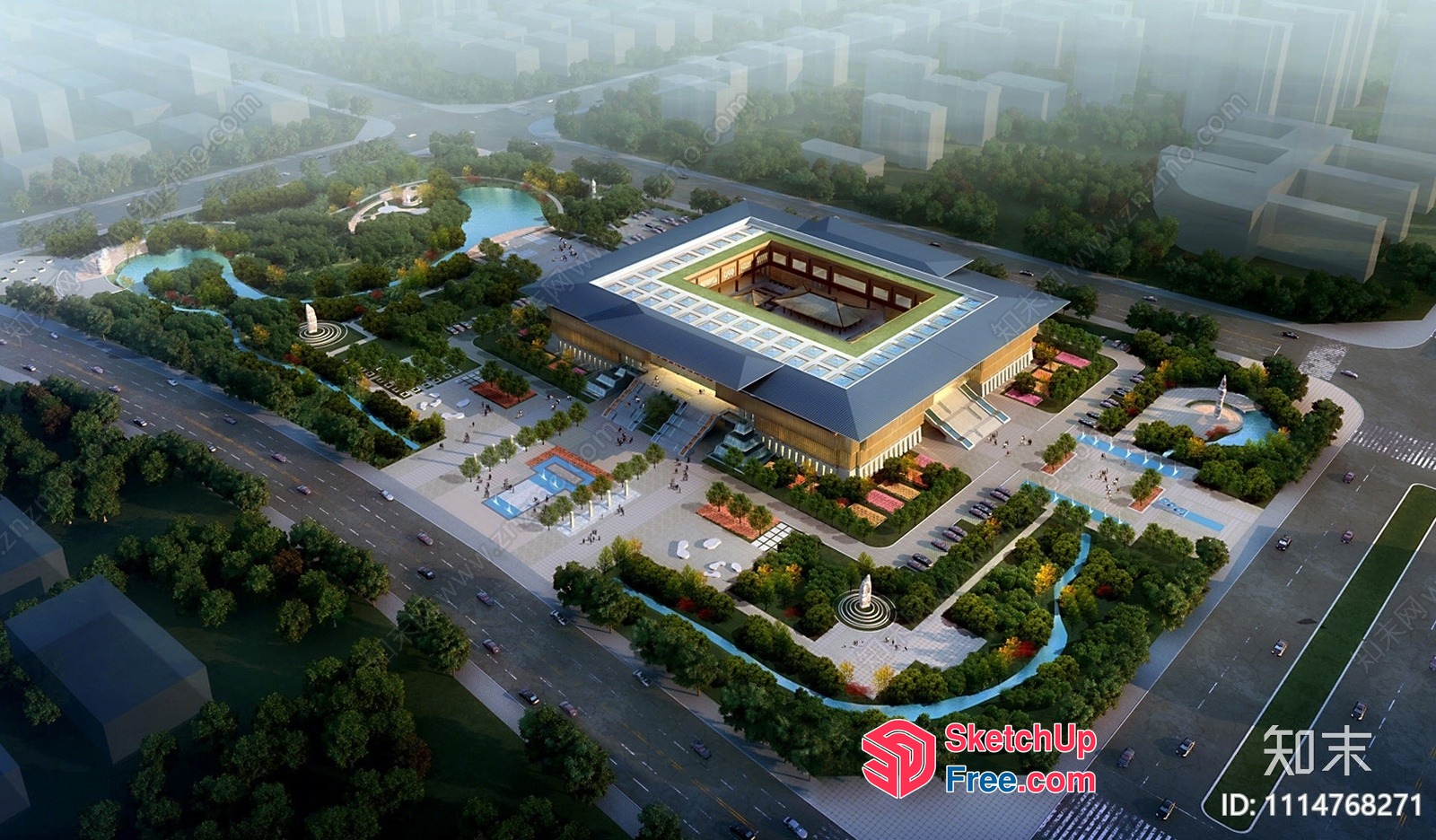Aerial View Of A Large Building With A Park 3D SketchUp File
