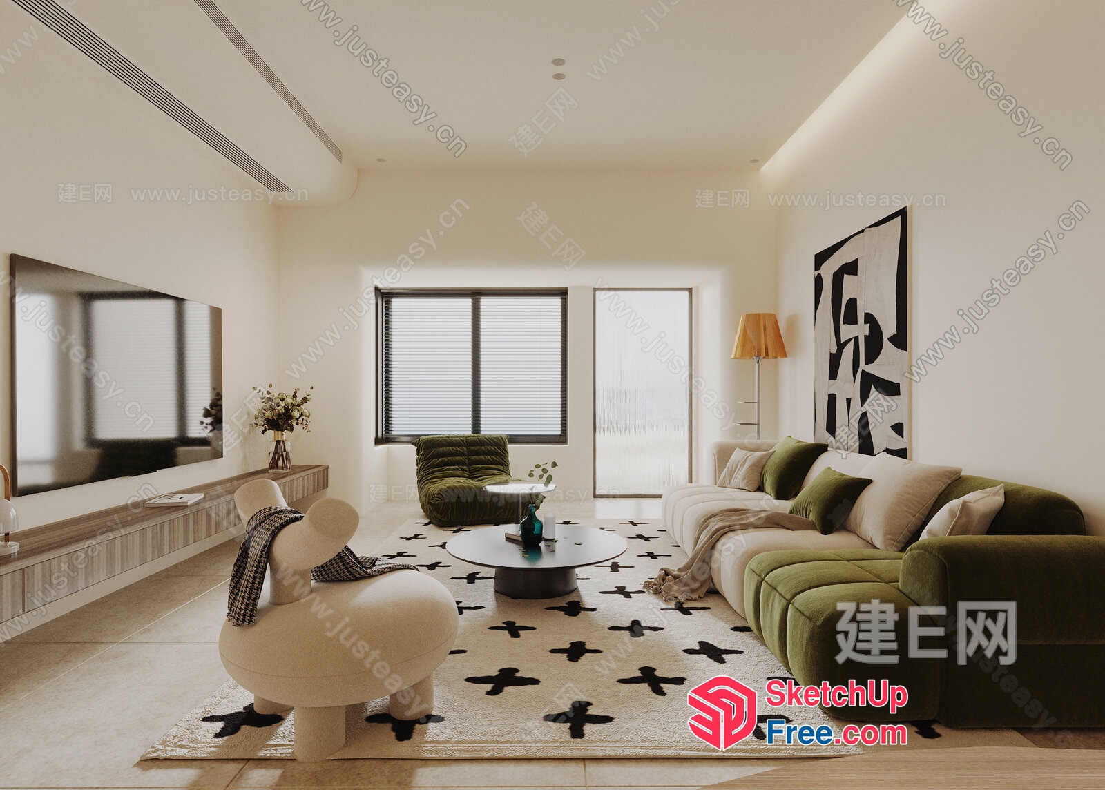 Modern Living Room With Green And White Color Scheme 3D SketchUp File