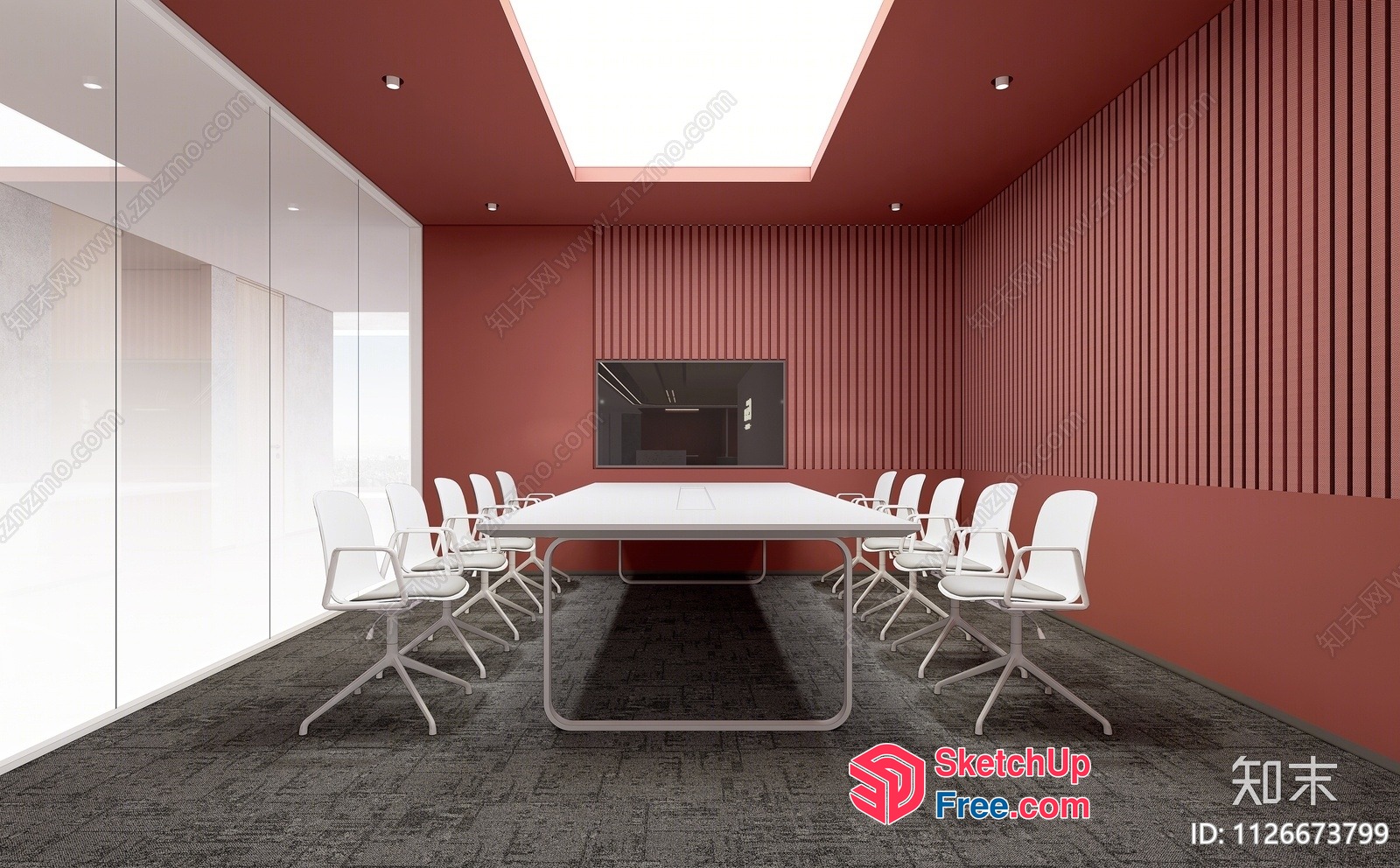 Conference Room With A Long Table And White Chairs 3D SketchUp File