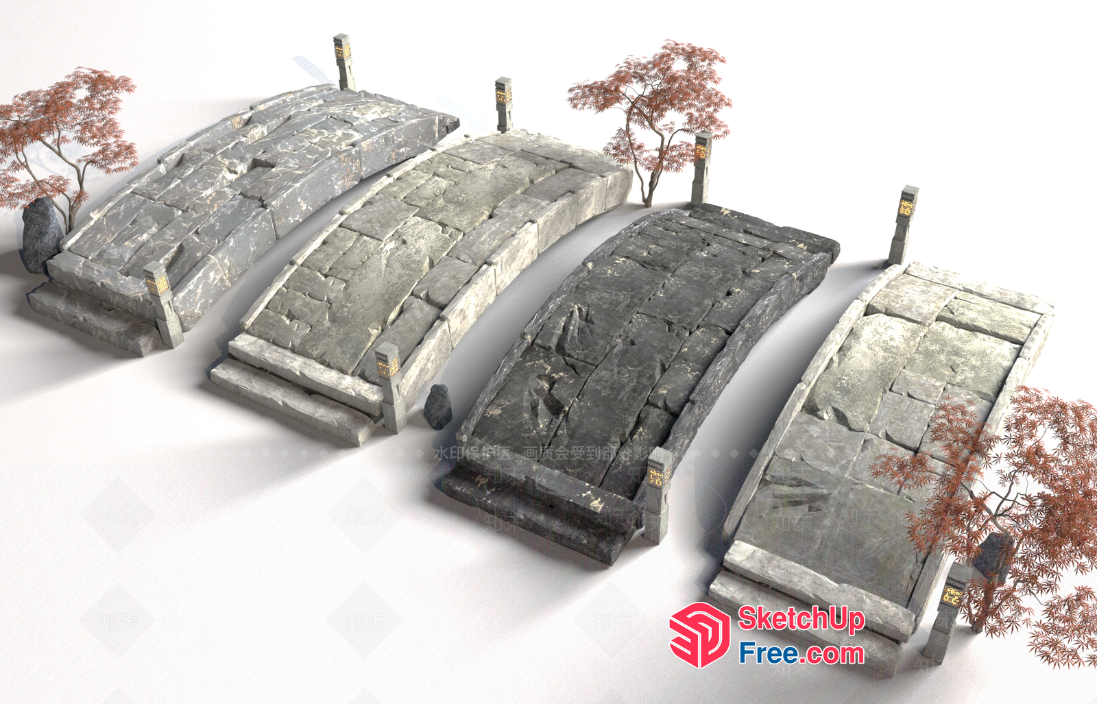 Traditional Japanese Stone Bridge With Cherry Blossom Trees 3D SketchUp File