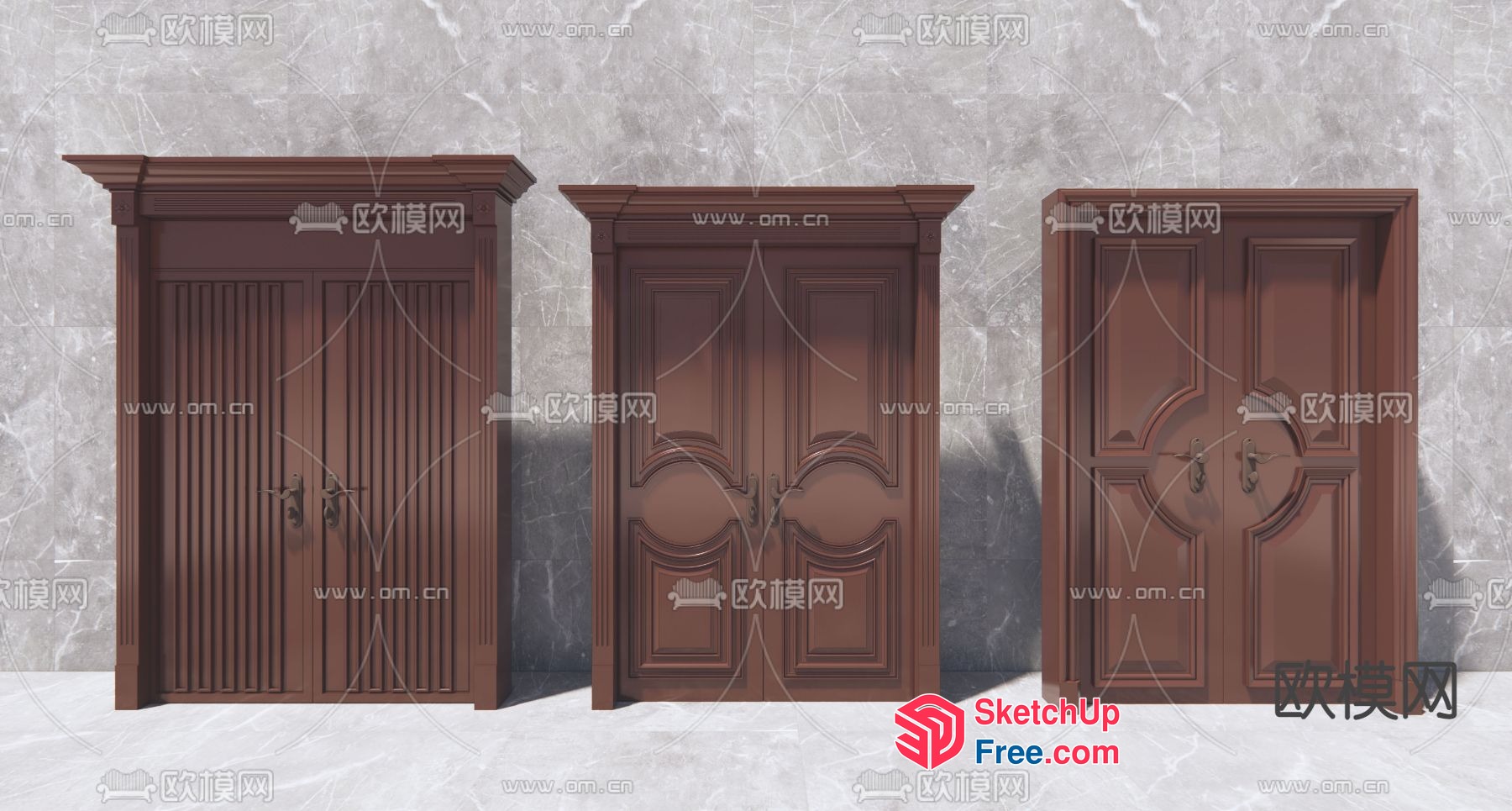 Three Ornate Brown Doors 3D SketchUp File