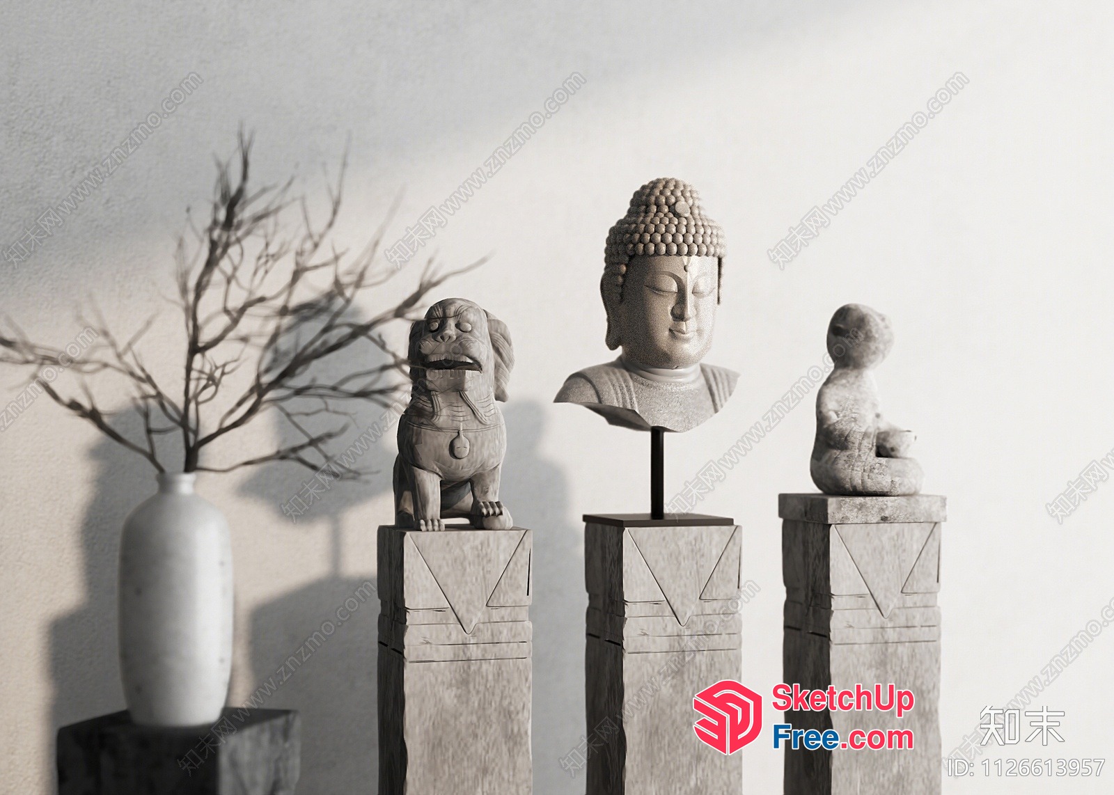 Stone Statues And Pillars In A Neutral-Toned Room 3D SketchUp File
