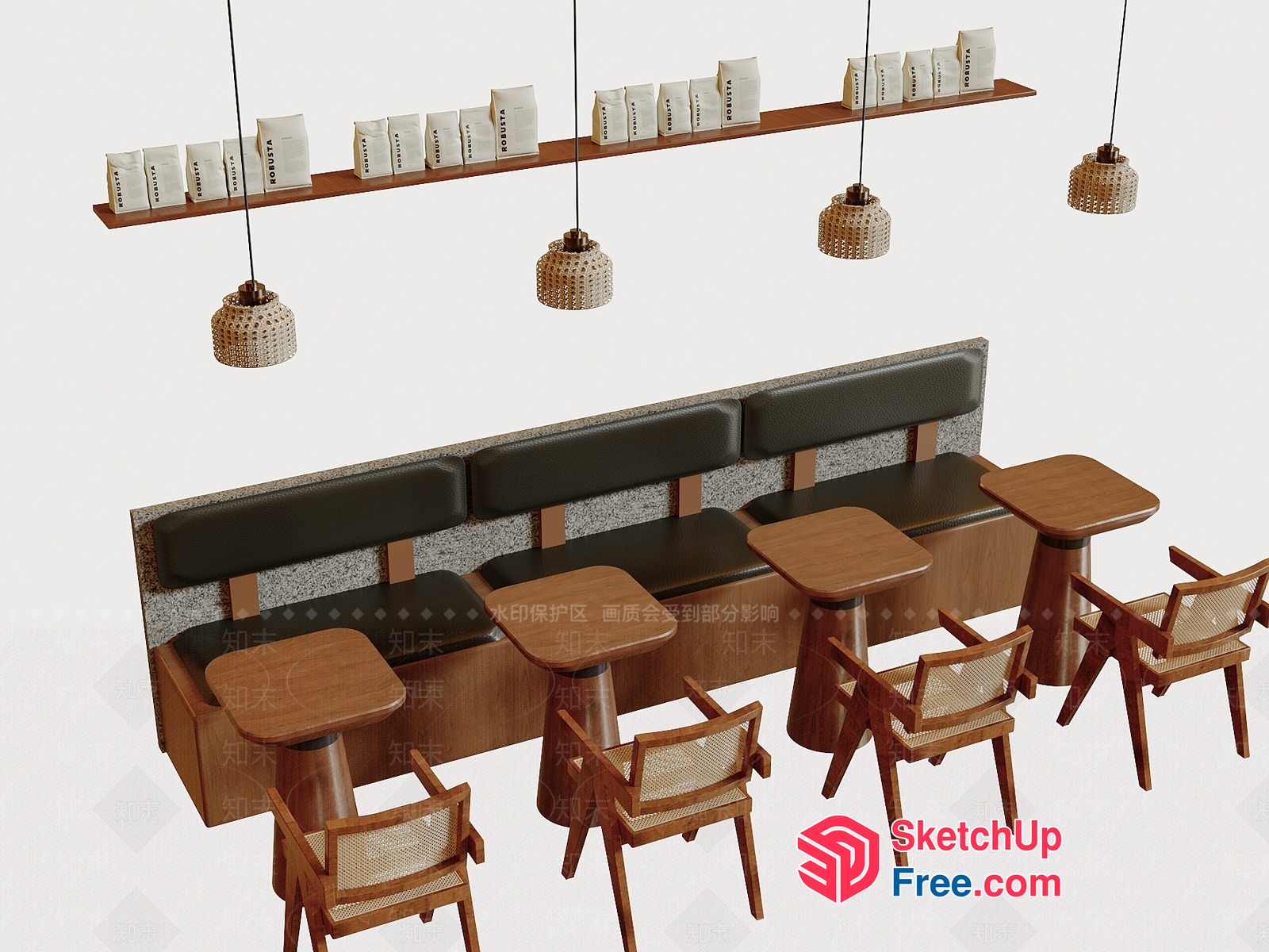 Modern Coffee Shop Interior With Wooden Furniture 3D SketchUp File