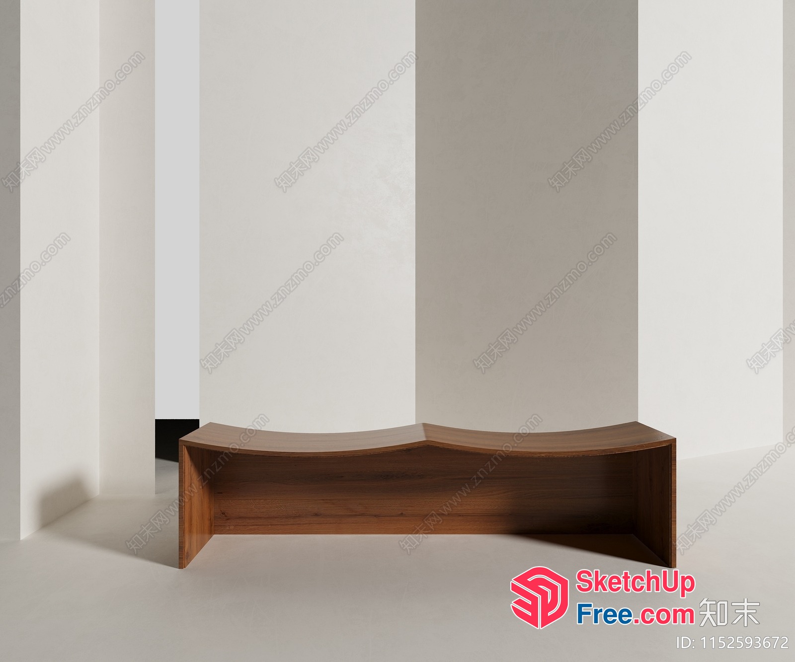 Curved Wooden Bench In Minimalist Interior 3D SketchUp File
