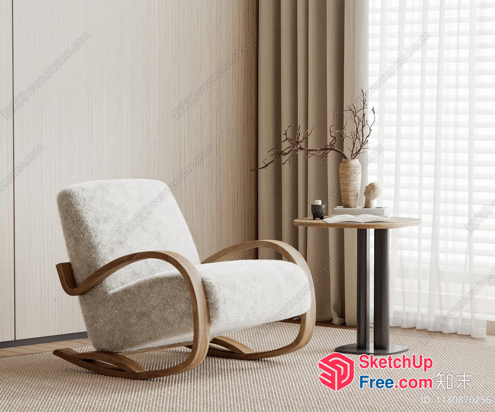Elegant White And Wood Rocking Chair In A Minimalist Interior 3D SketchUp File