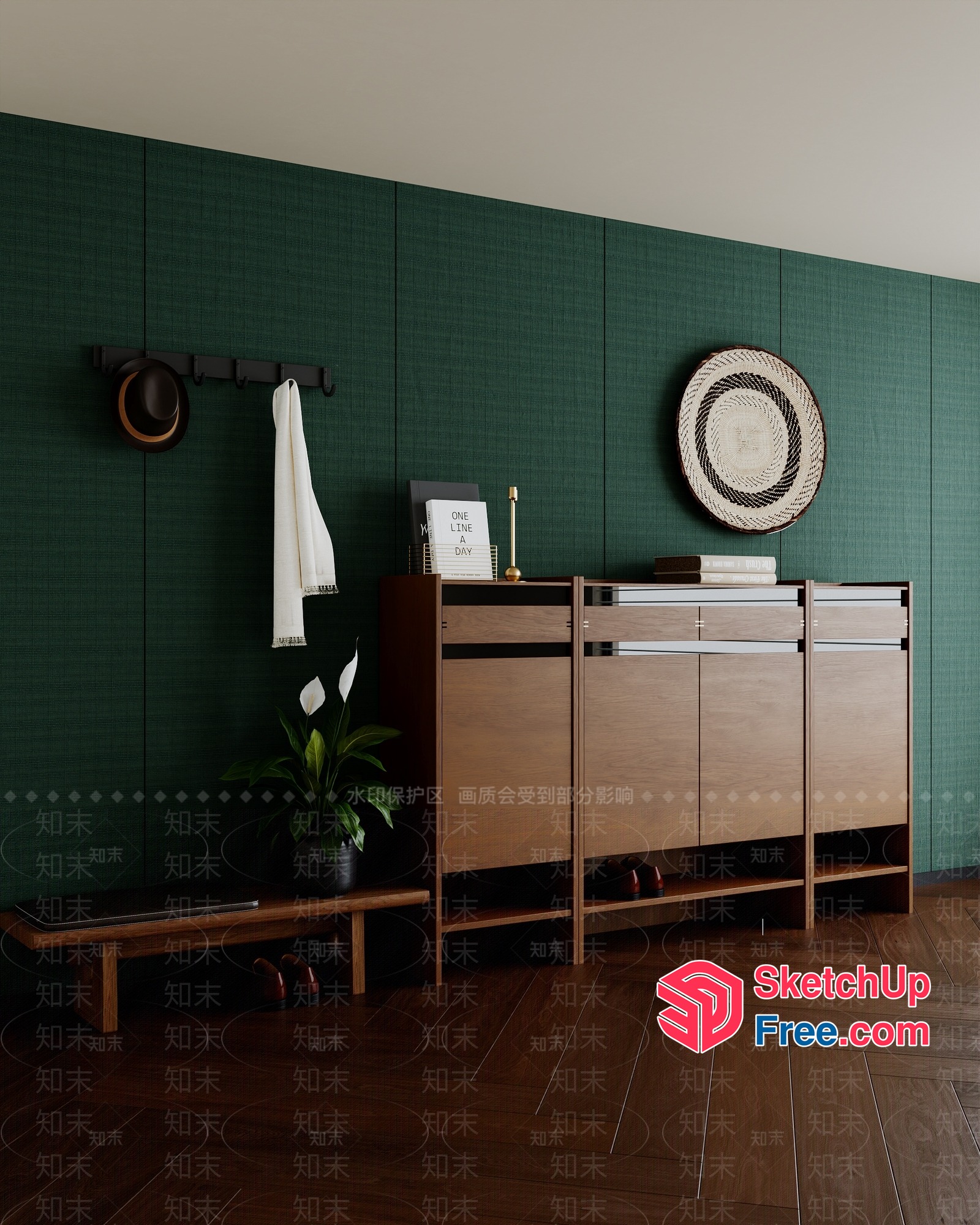 Modern Wooden Cabinet With Bench And Green Wall 3D SketchUp File