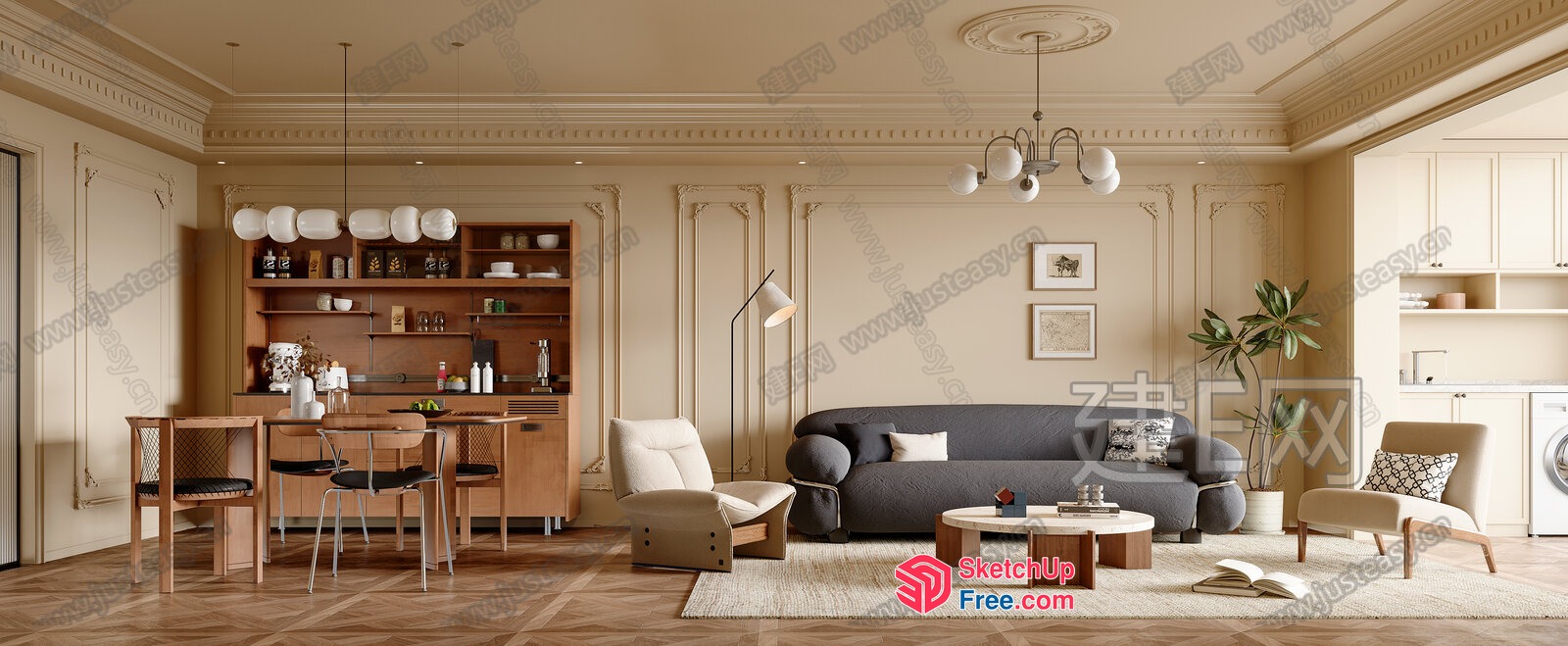 Elegant Living Room With Classic Moulding And Wood Accents 3D SketchUp File