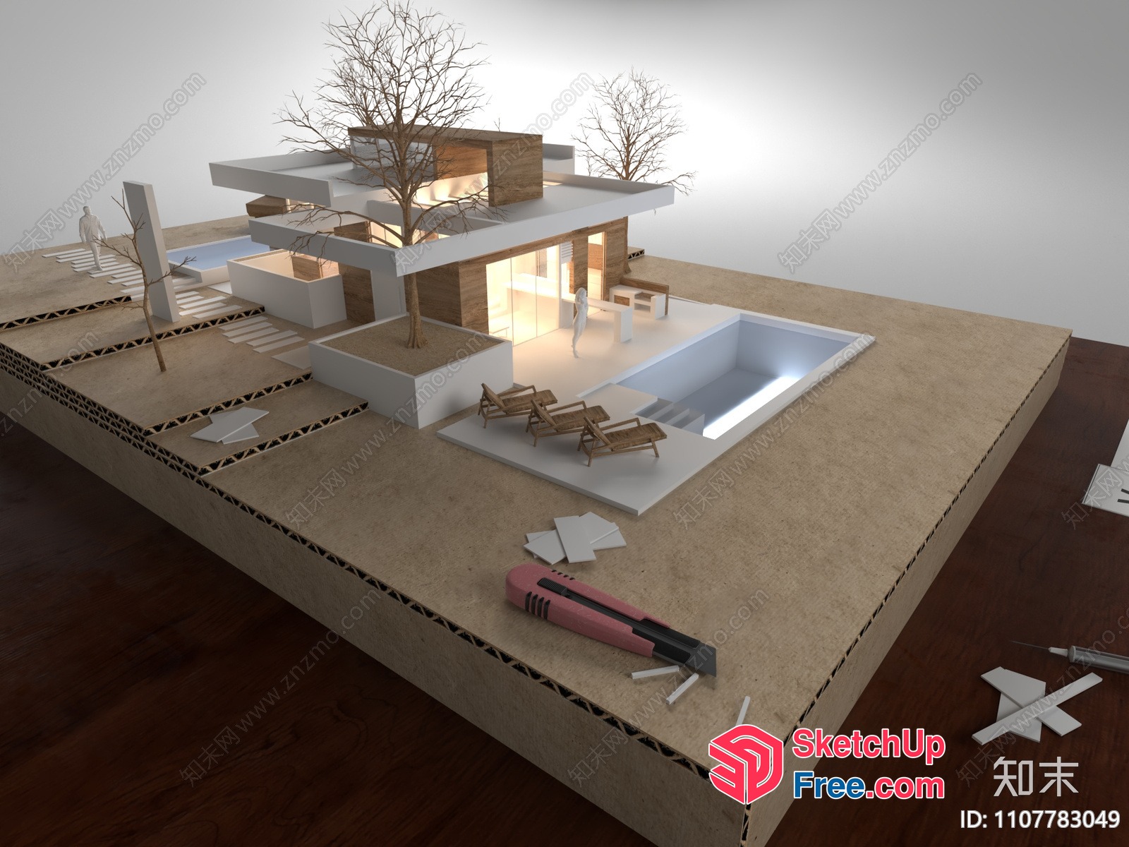 Modern Villa Exterior With Swimming Pool And Sunbeds 3D SketchUp File