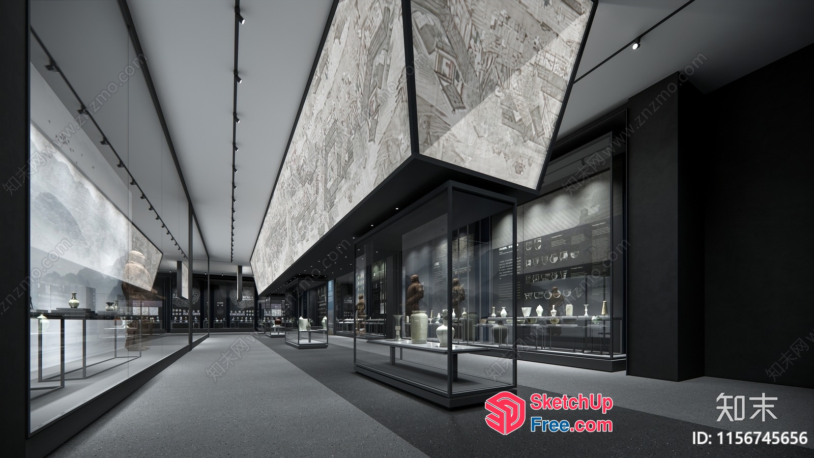 Modern Museum Interior With Glass Cases And Artwork 3D SketchUp File