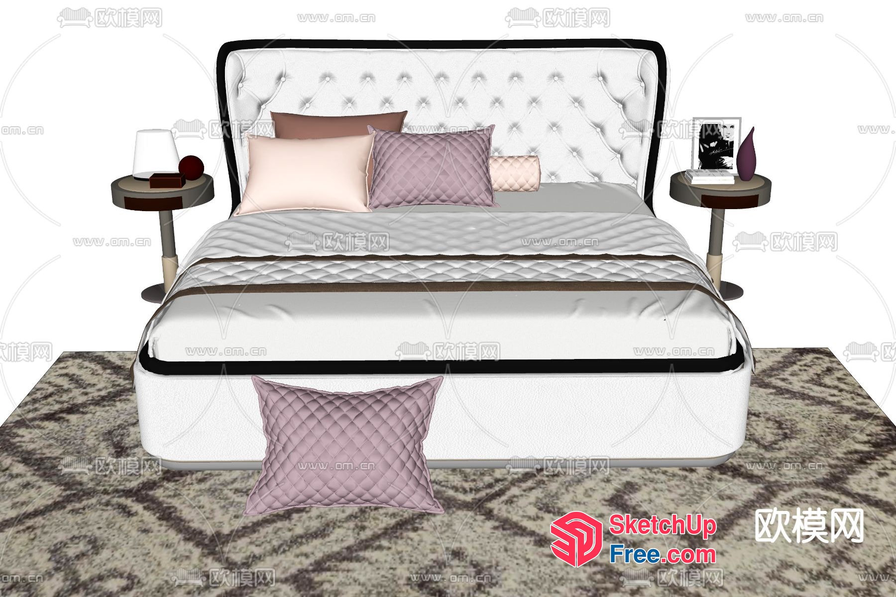 Elegant White Bed With Creamy Pillows And Brown Side Tables 3D SketchUp File