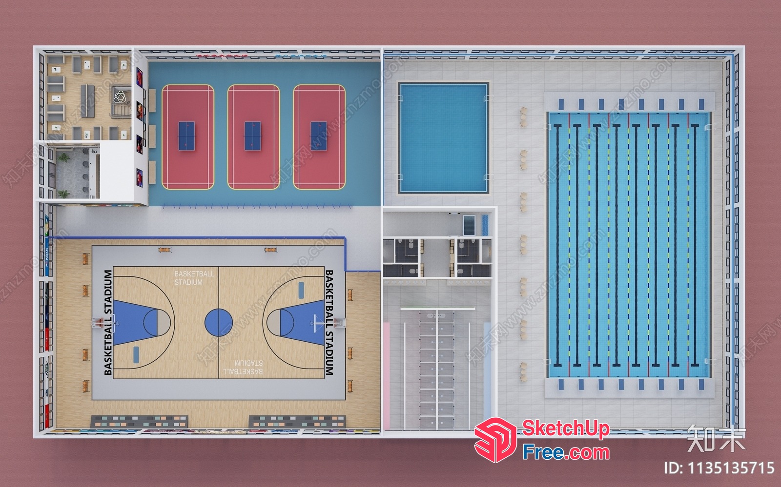 Sports Complex With Basketball Courts And Swimming Pool 3D SketchUp File