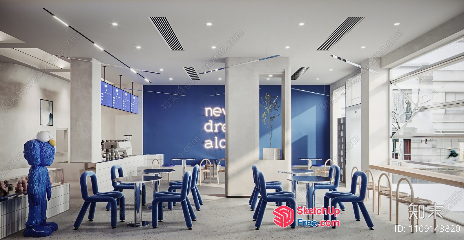Modern Minimalist Blue And White Cafe Interior 3D SketchUp File