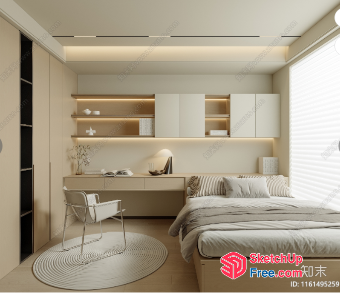 Minimalist Japanese Style Bedroom With Creamy Accent 3D SketchUp File