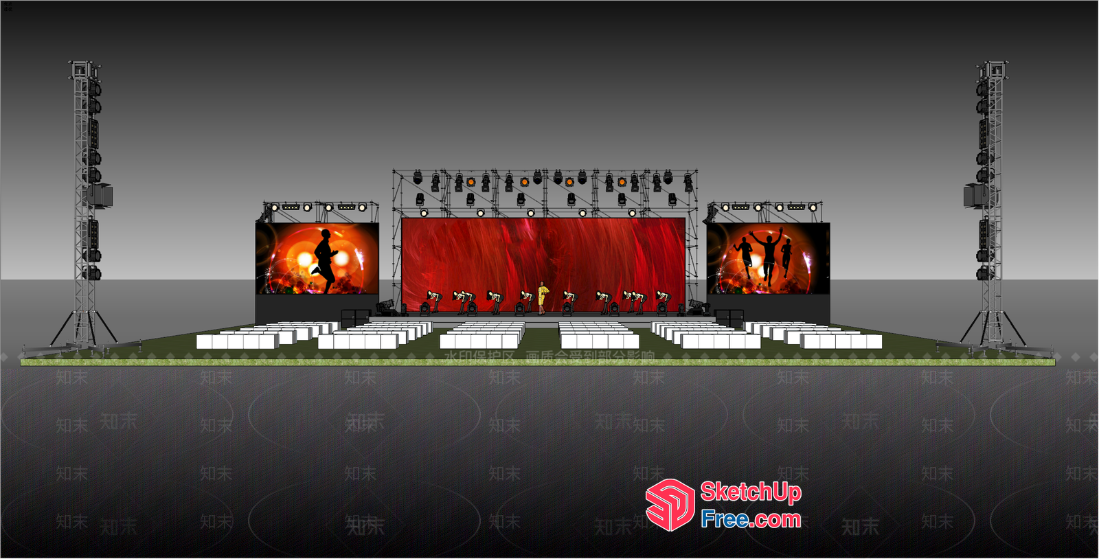 Stage With Red Curtain And White Seating 3D SketchUp File