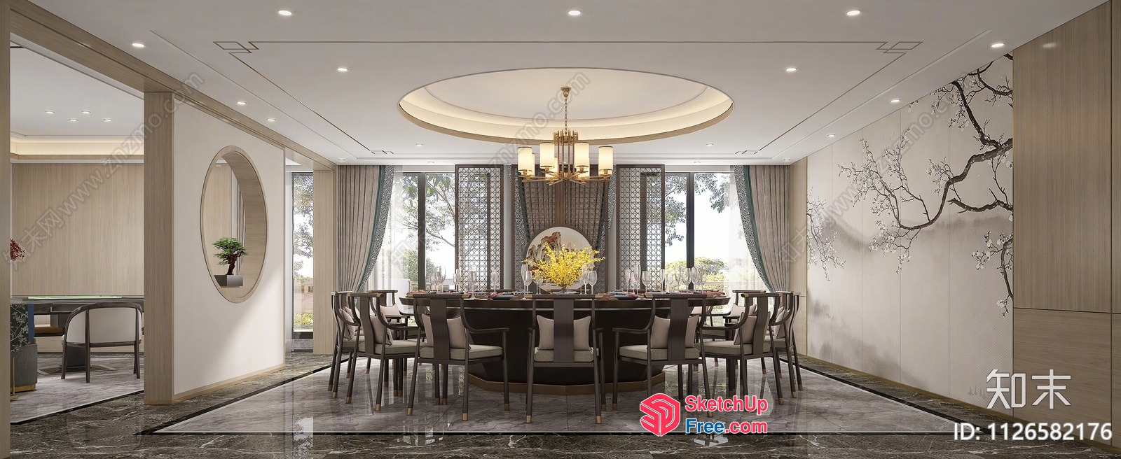 Modern Dining Room With Circular Chandelier And Large Window 3D SketchUp File