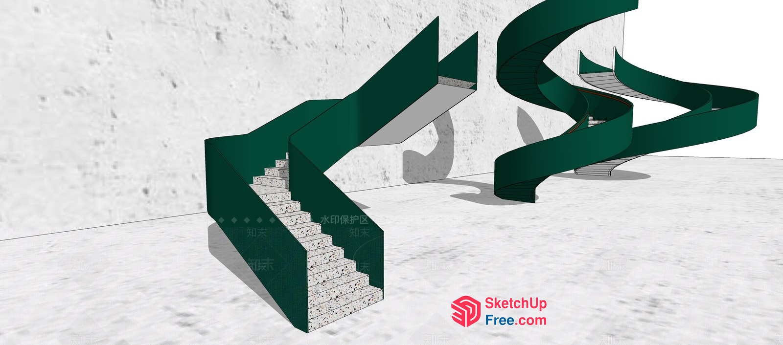 Modern Green Spiral Staircase With Natural Stone Steps 3D SketchUp File