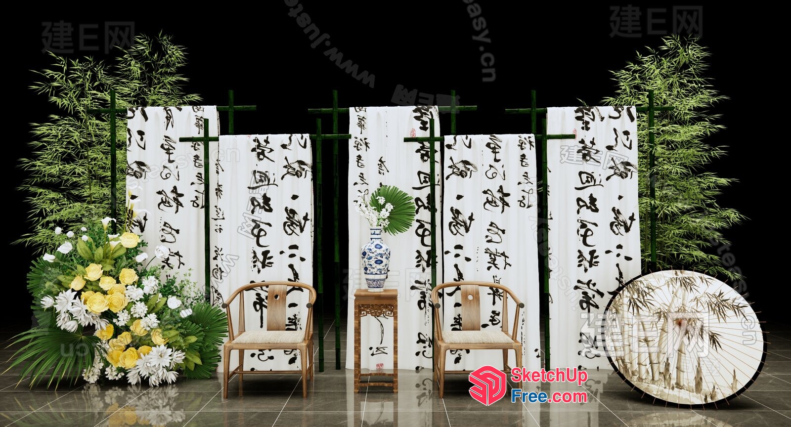 Asian-Style Decorative Room Divider With Natural Elements 3D SketchUp File
