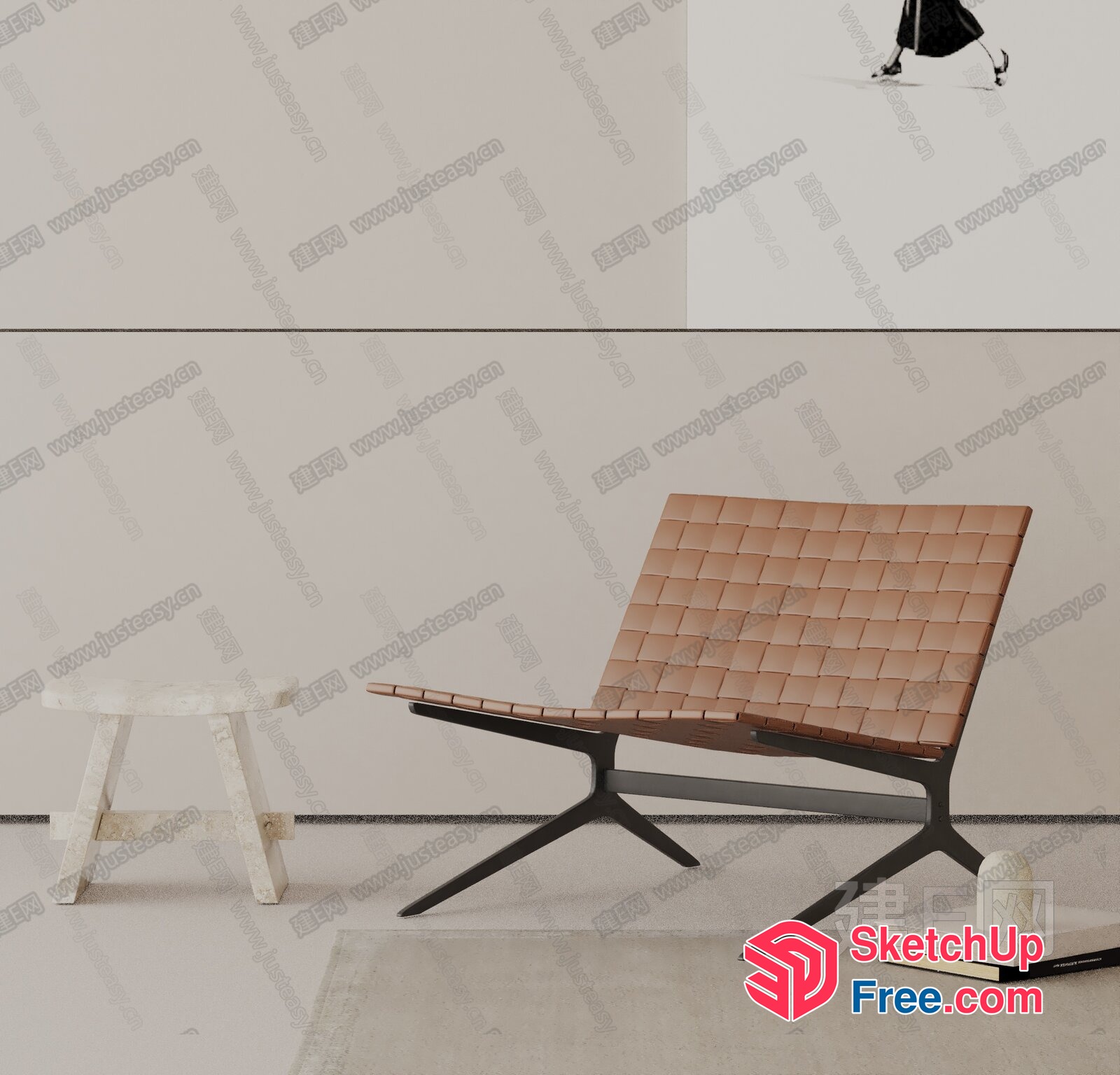 Modern Minimalist Brown Leather Chair And Stool 3D SketchUp File