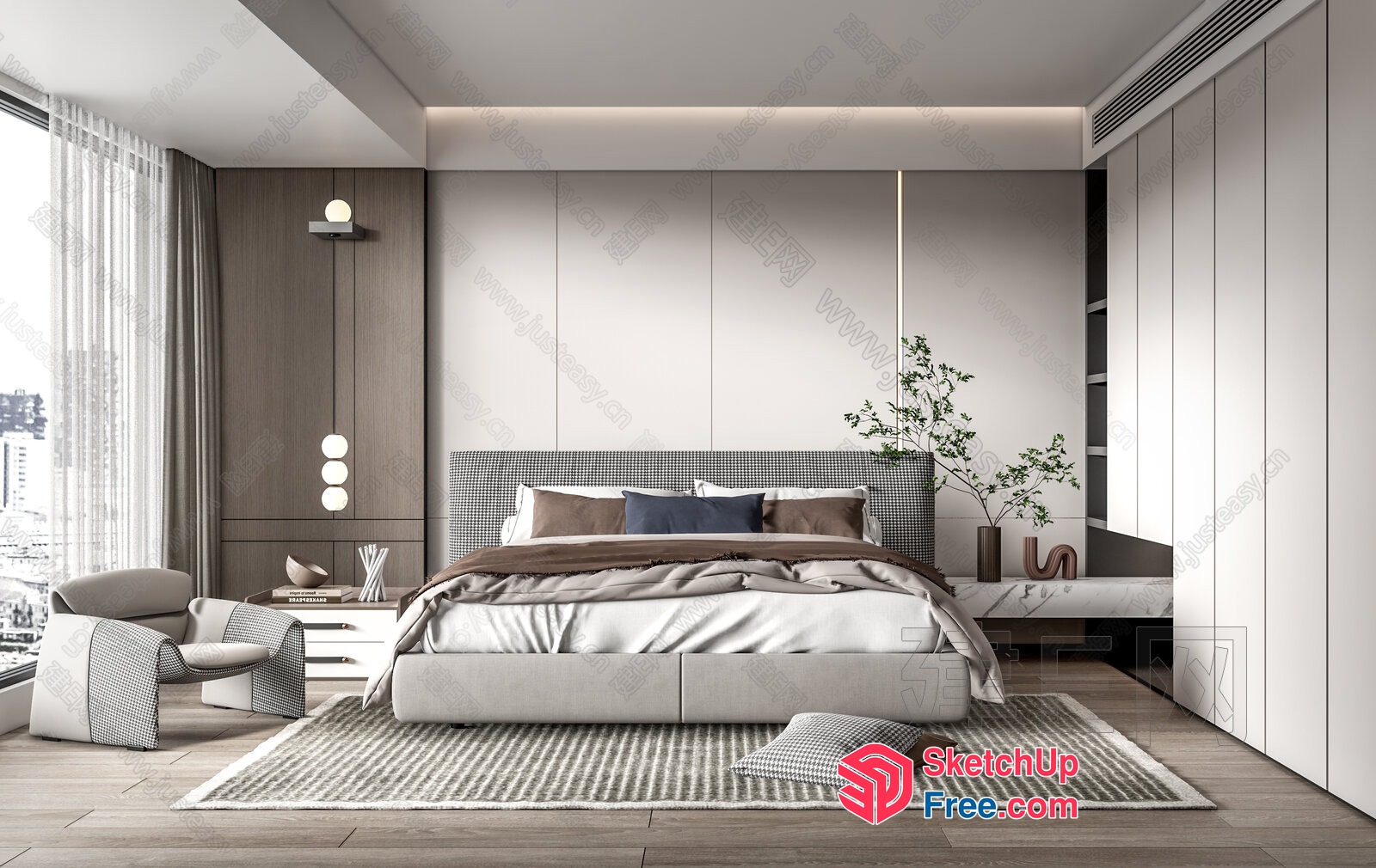 Modern Minimalist Bedroom With White And Gray Decor 3D SketchUp File