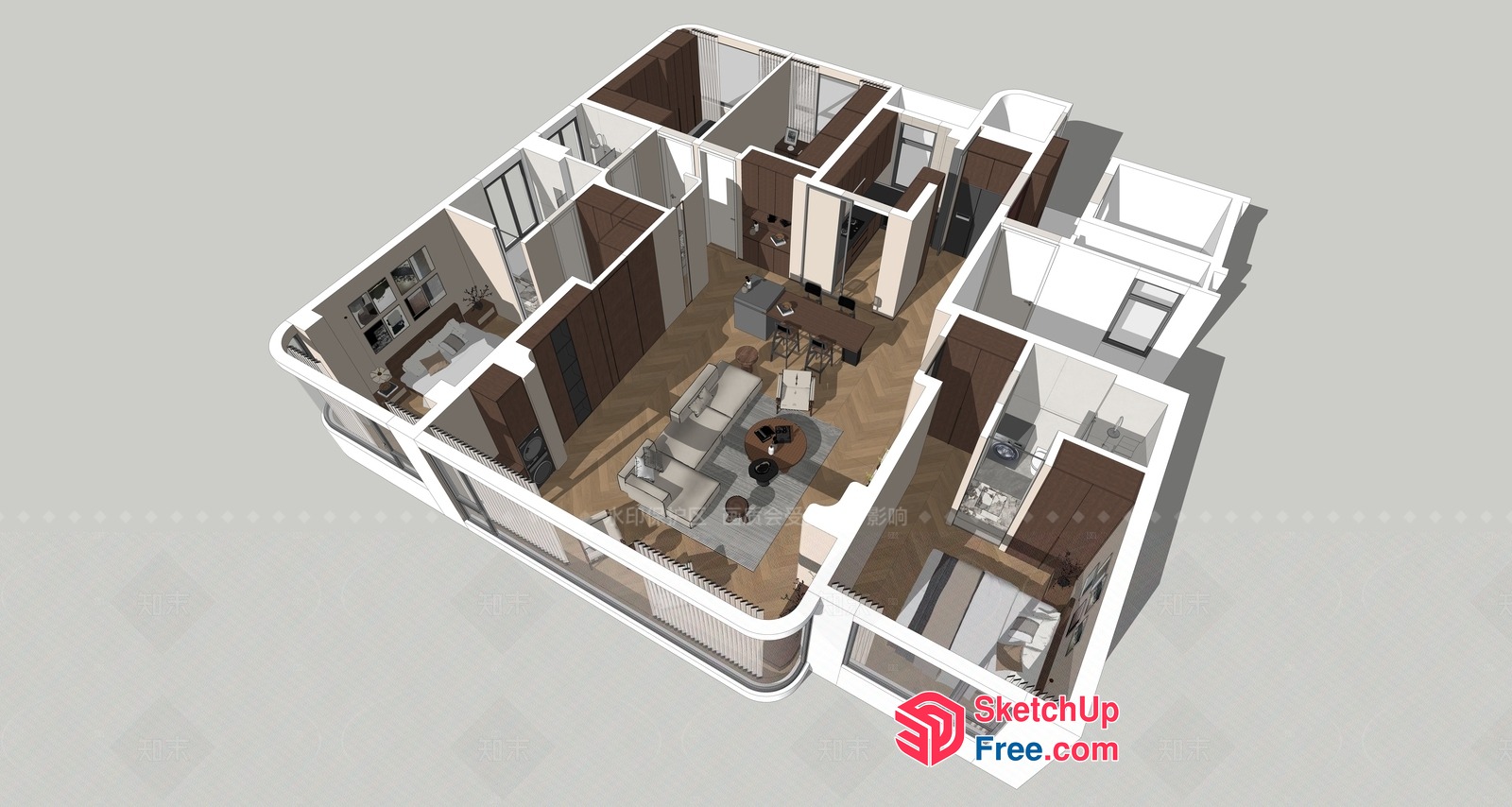 Modern 3D Rendering Of A Spacious Apartment Floor Plan 3D SketchUp File