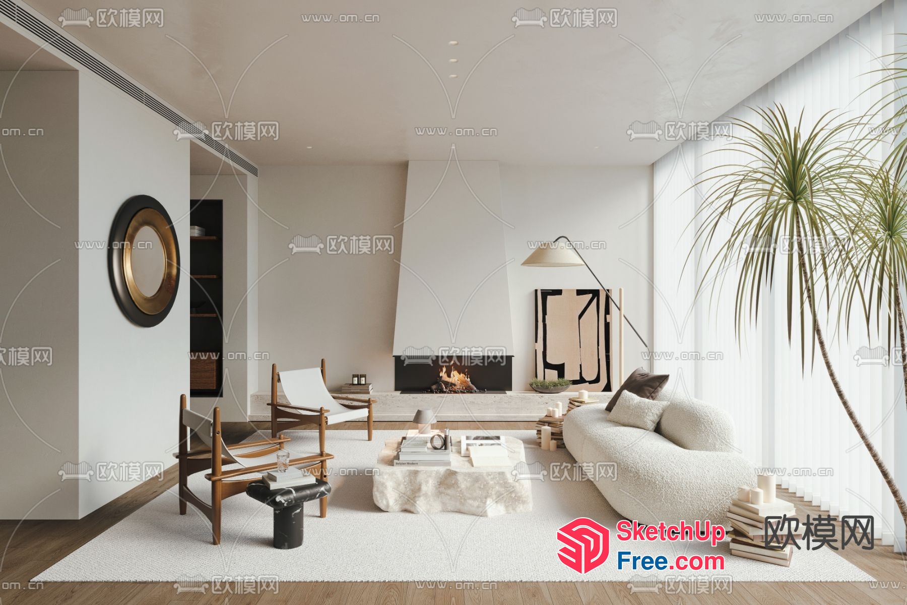 Modern Minimalist White Living Room With Natural Elements 3D SketchUp File