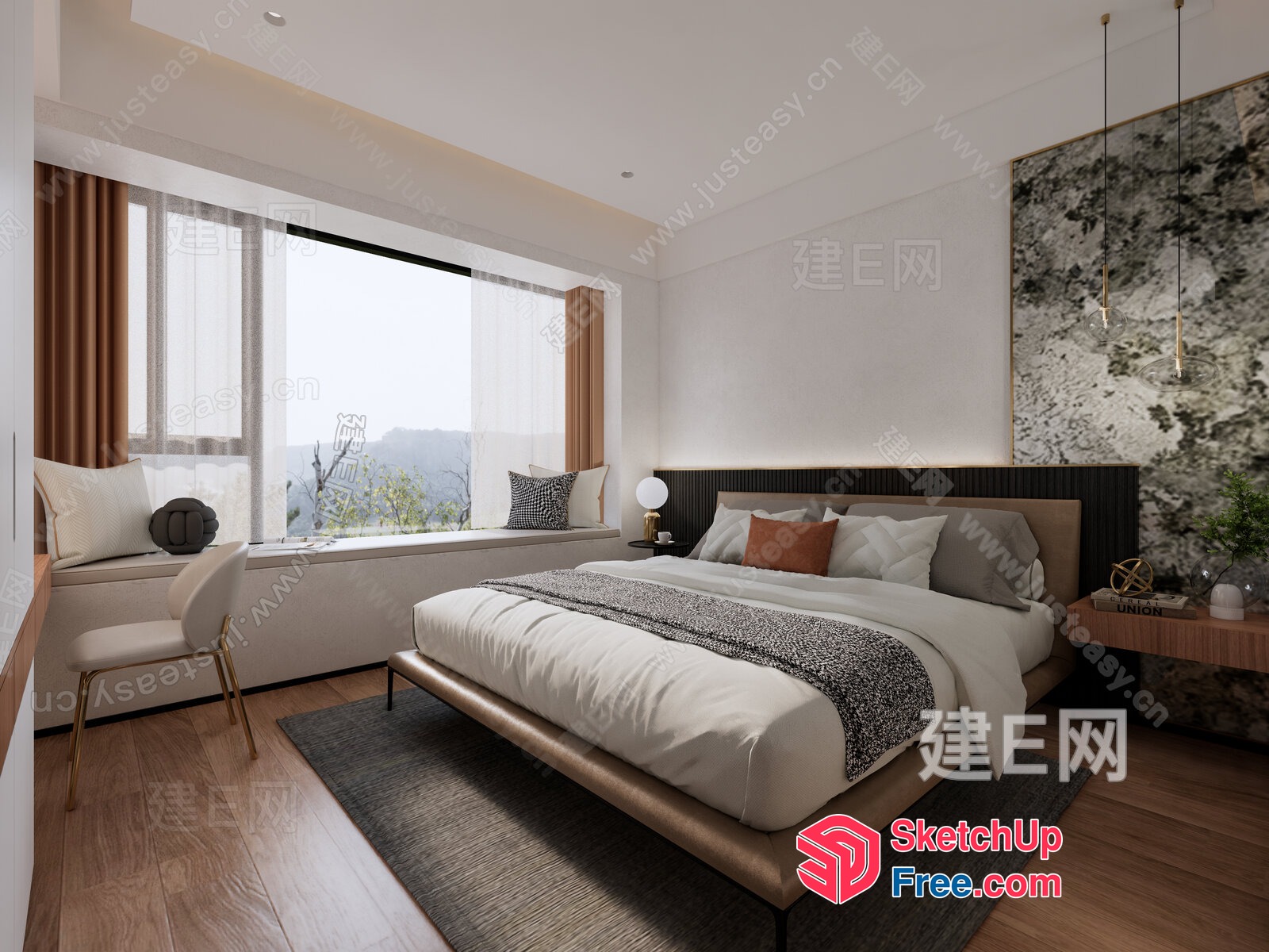 Modern Bedroom With Large Window And Brown Furniture 3D SketchUp File