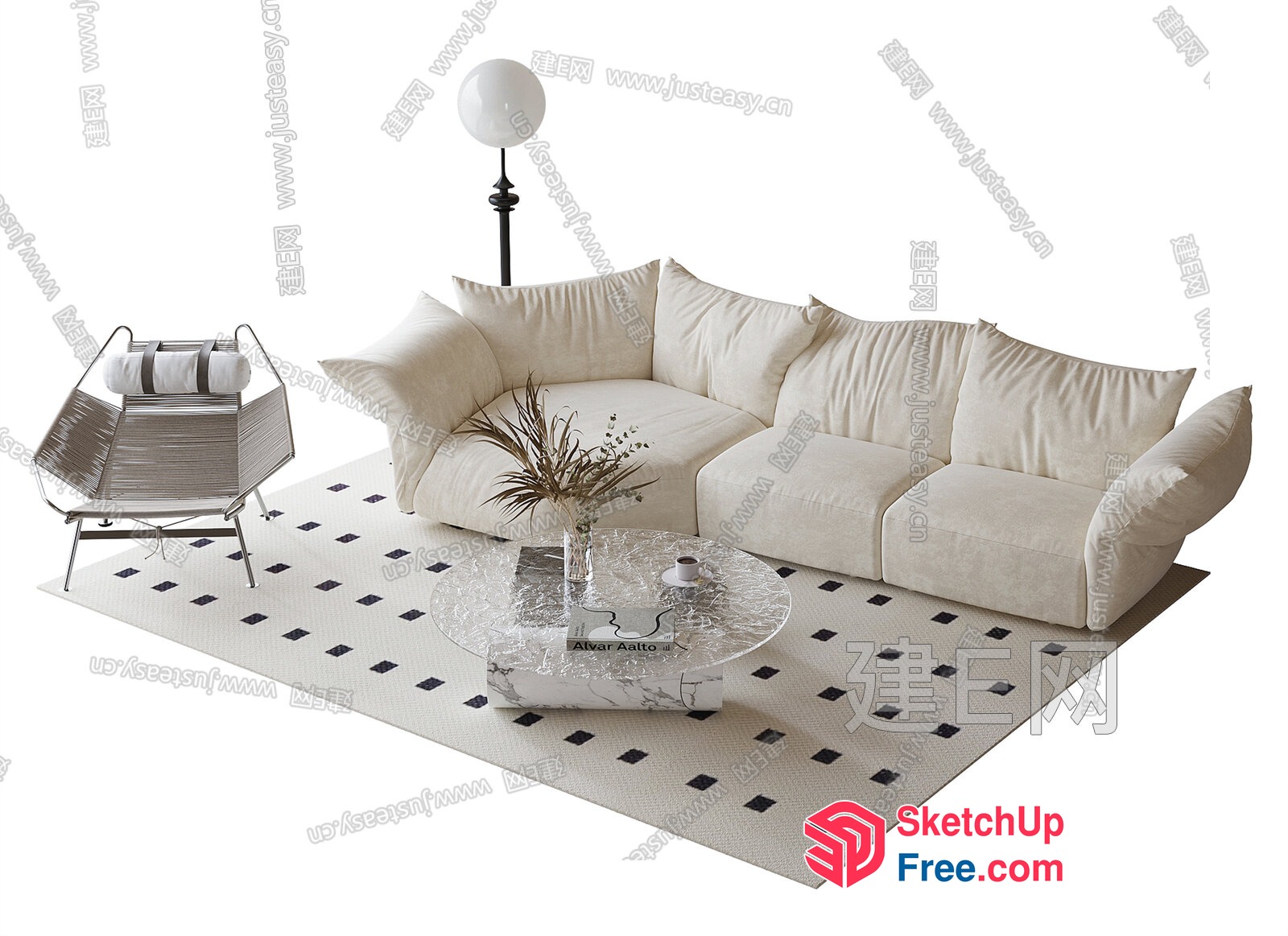 Elegant Creamy Style Living Room With Glass Coffee Table 3D SketchUp File